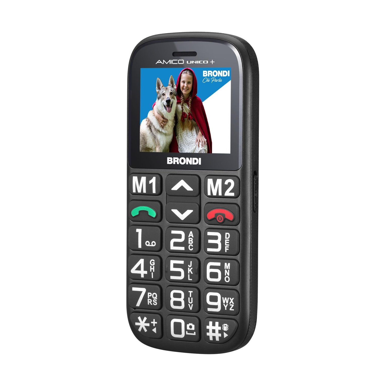 Telefono nero con pulsanti grandi. Lo schermo mostra una ragazza e un cane. Il marchio è Brondi.