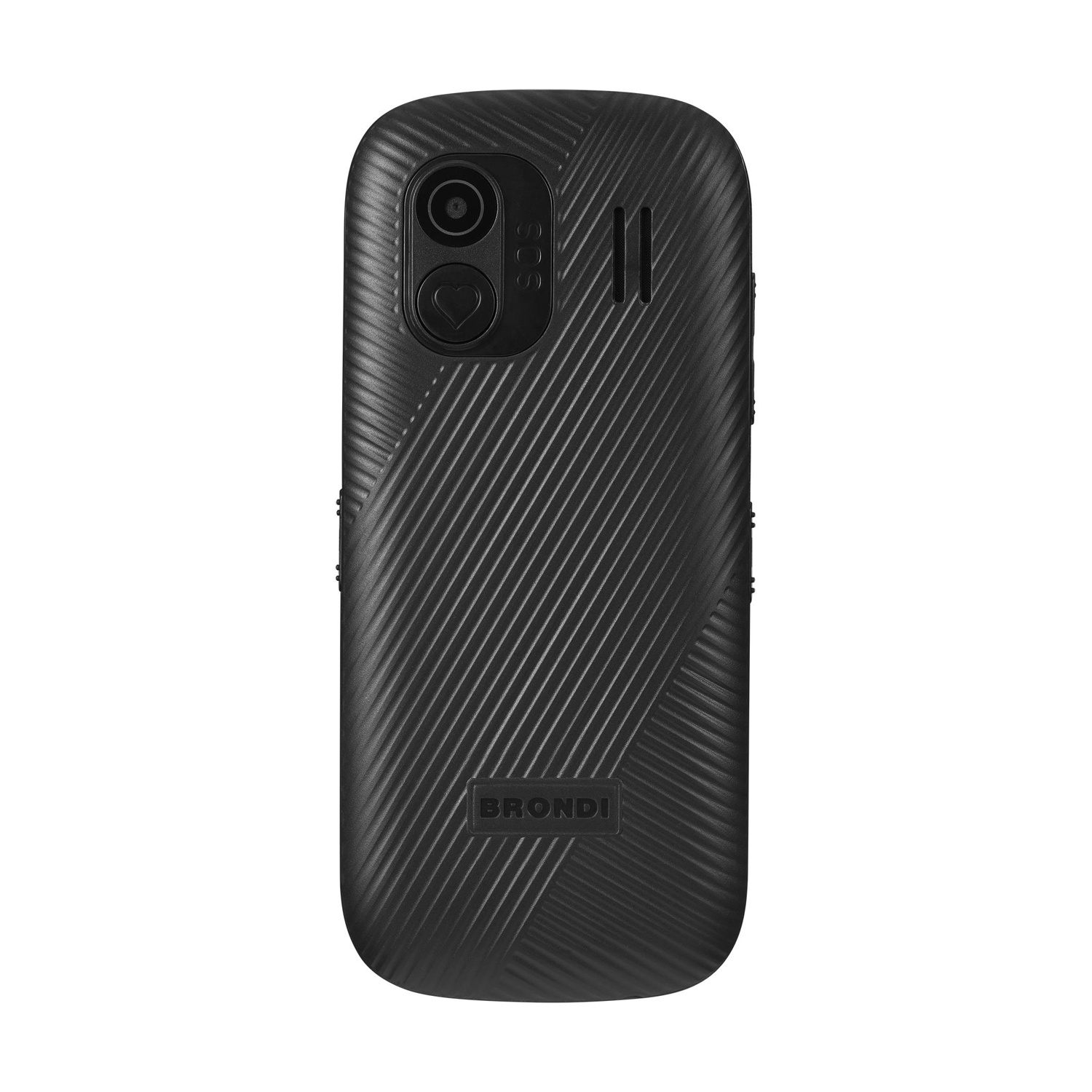 Telefono nero con retro strutturato. Ha una fotocamera e tre lenti. Testo: 'Brondi'.