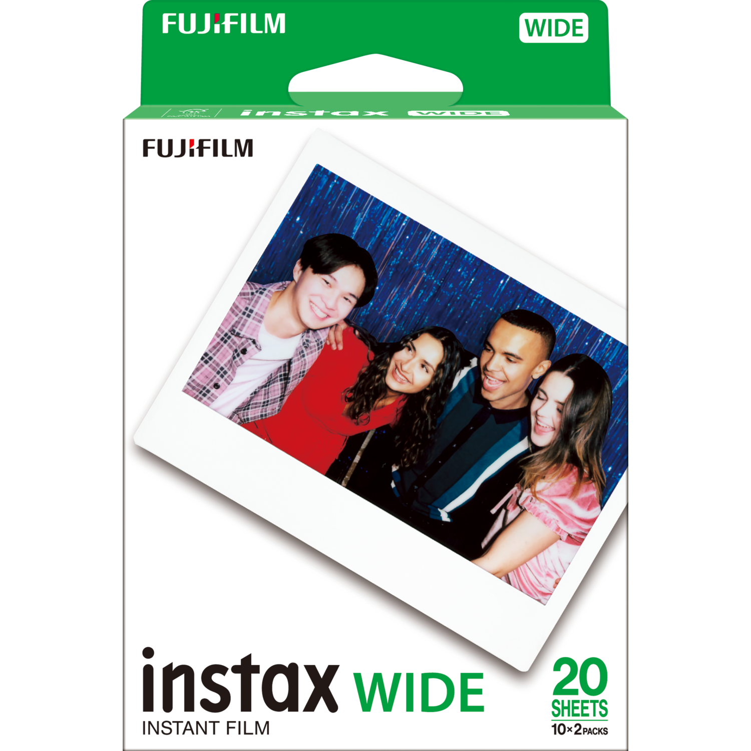 Doos Instax Wide instant film met een foto van lachende mensen. De doos is groen en wit.