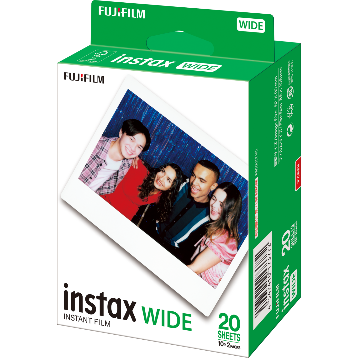 Doosje Instax Wide film. Het heeft een foto van vier mensen en is groen, wit en zwart.