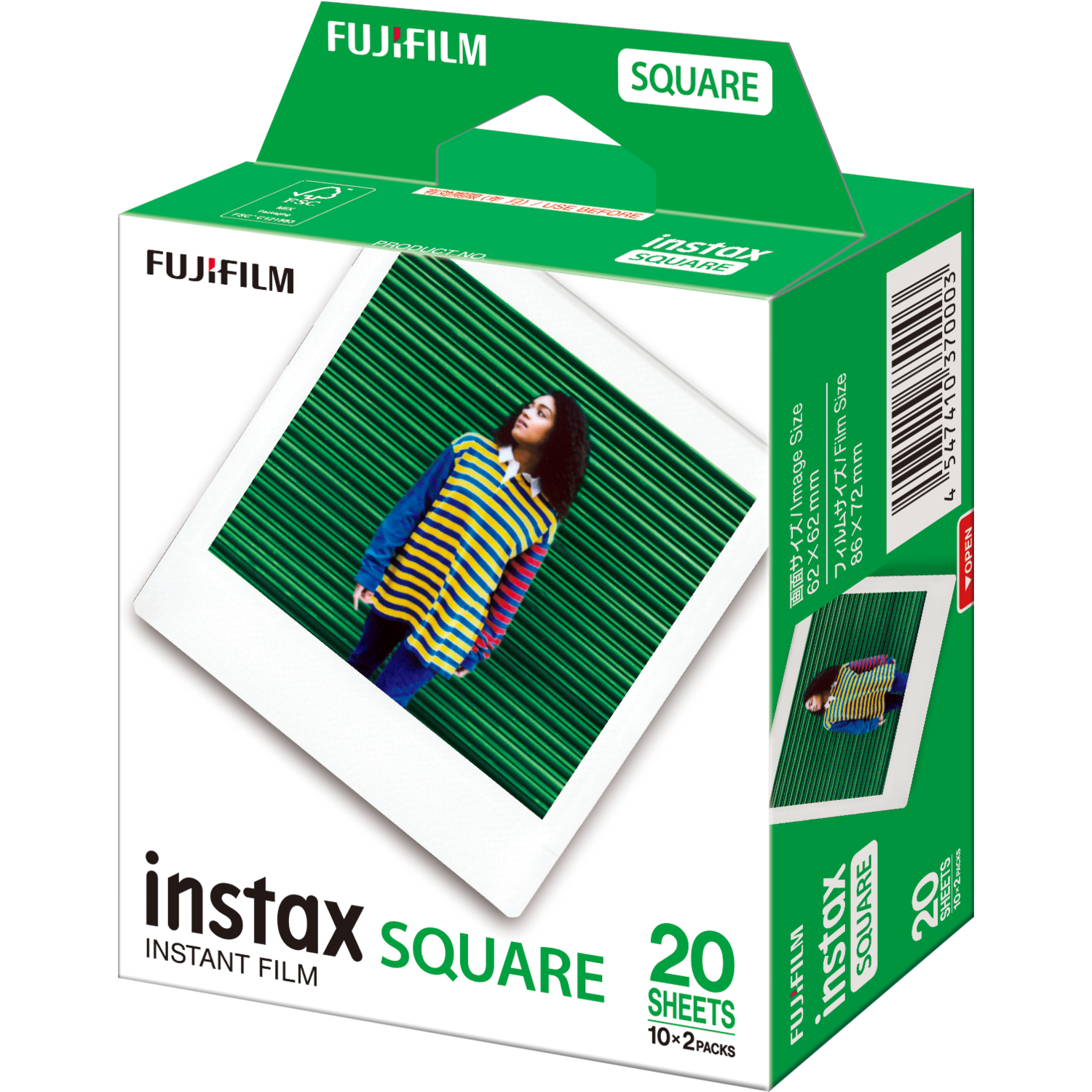 Doosje Instax Square film. Het heeft een foto van een vrouw en is groen, wit en zwart.