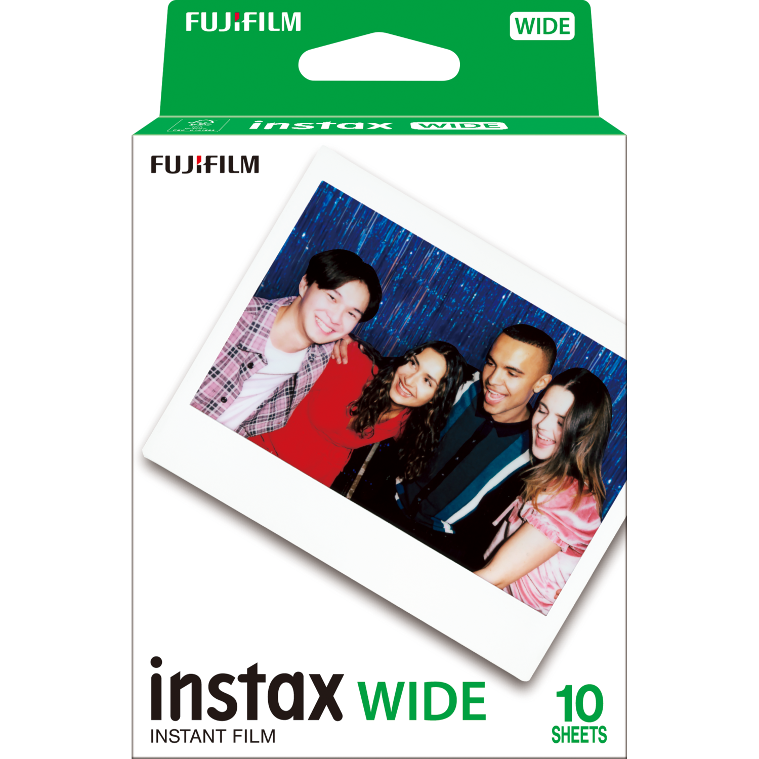 Doosje Instax Wide film. Het heeft een foto van vier mensen en is groen, wit en zwart.