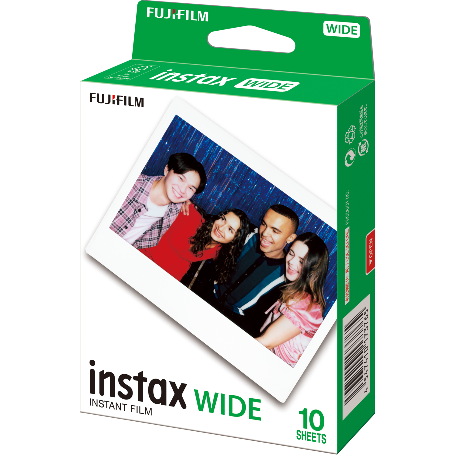 Doosje Instax Wide film. Het heeft een foto van vier mensen en is groen, wit en zwart.