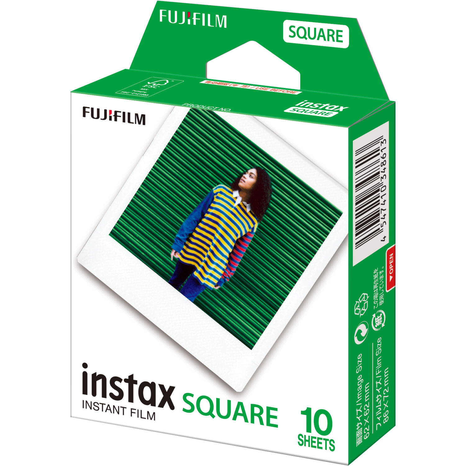 Groene doos, witte Instax Square film, persoon in kleurrijke kleding op de foto.