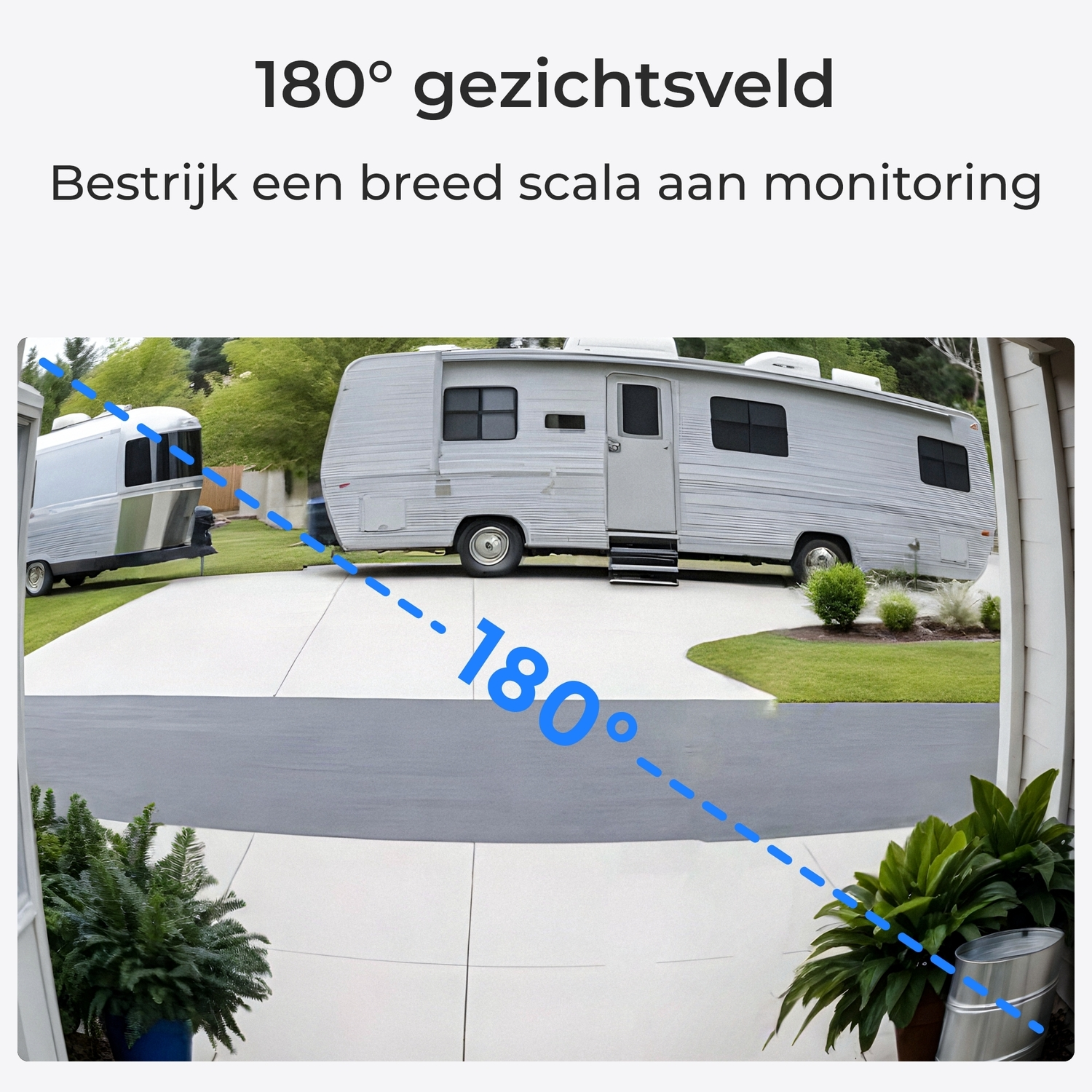 A driveway with a trailer and RV. Plants are in pots. Blue lines indicate a 180 degree field of view.