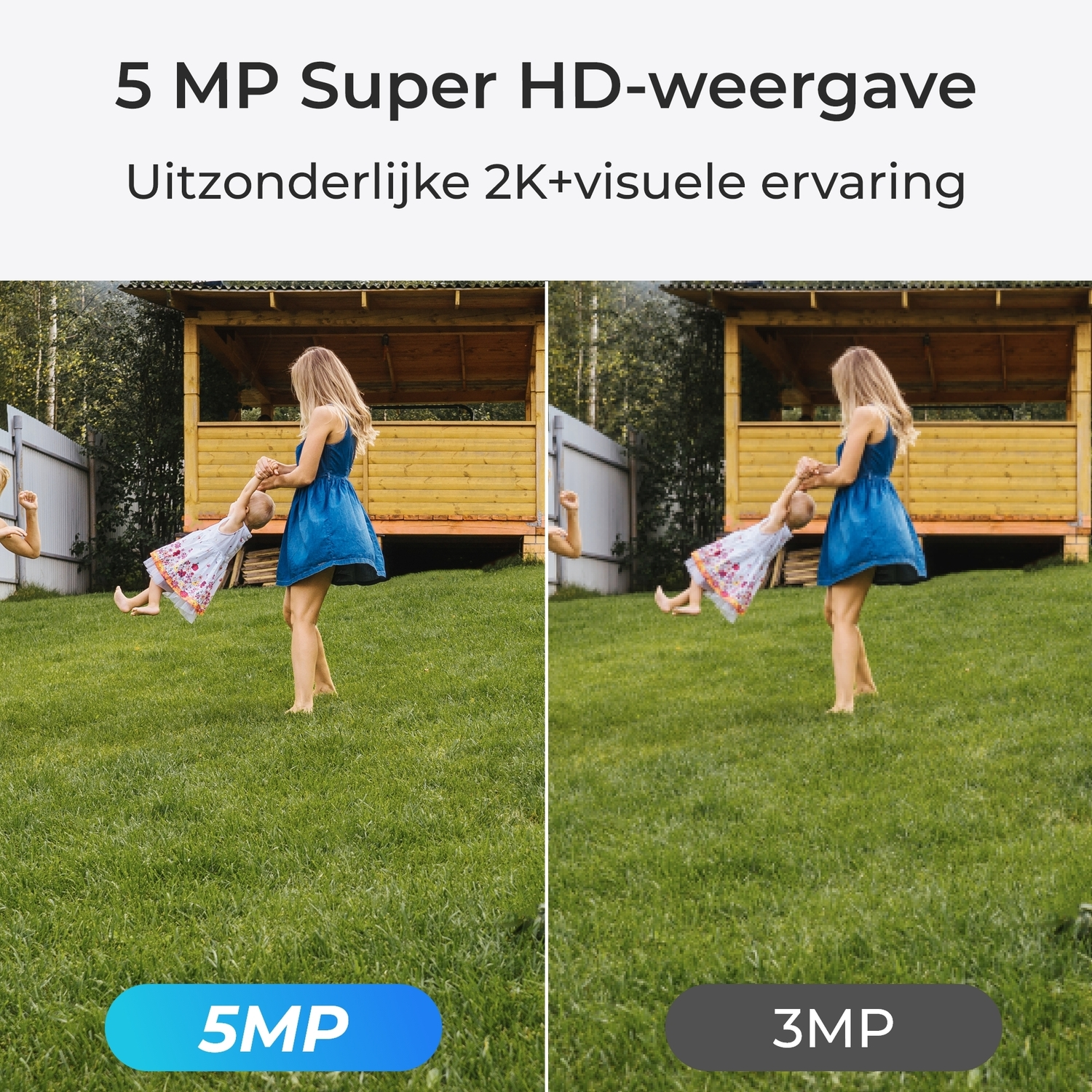Two side-by-side images of a woman swinging a child. The right image is lower resolution.