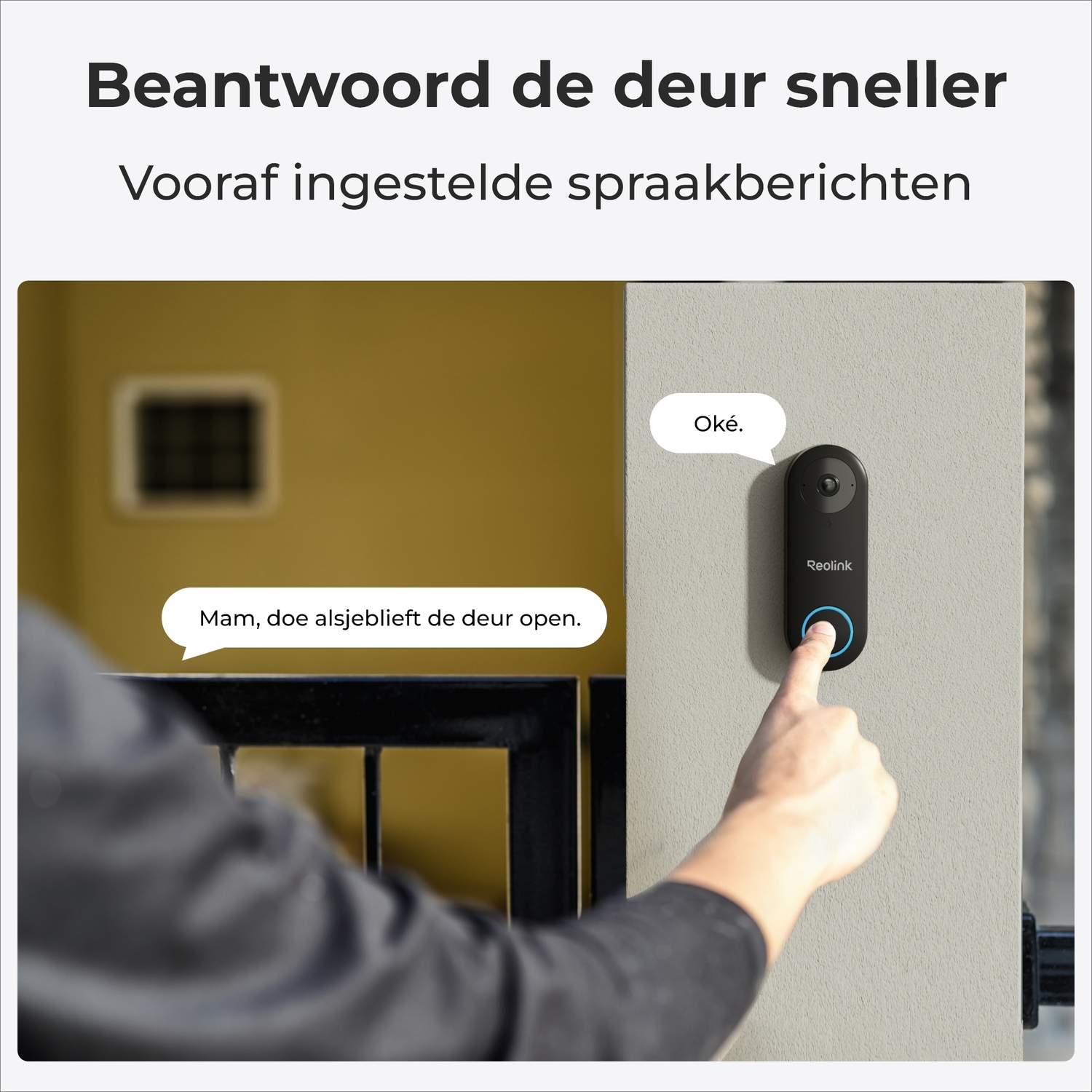 A person presses a doorbell. A speech bubble says, "Mom, please open the door."