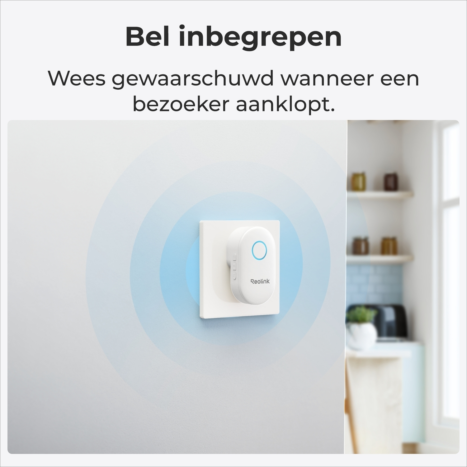 A doorbell on a wall. A blue circle radiates out from the doorbell.
