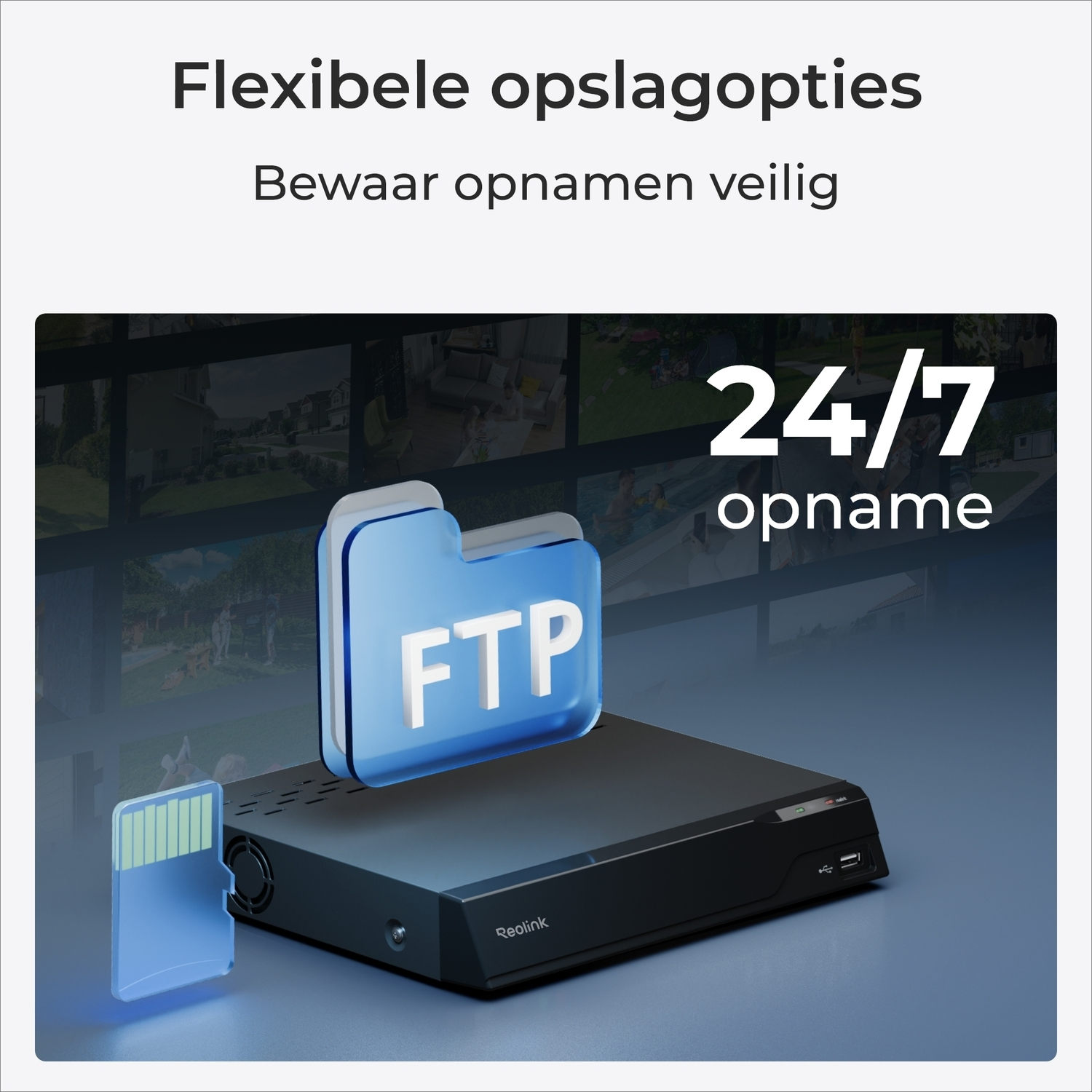 A black device with an SD card and a folder icon that says FTP. The words 24/7 are on the device.