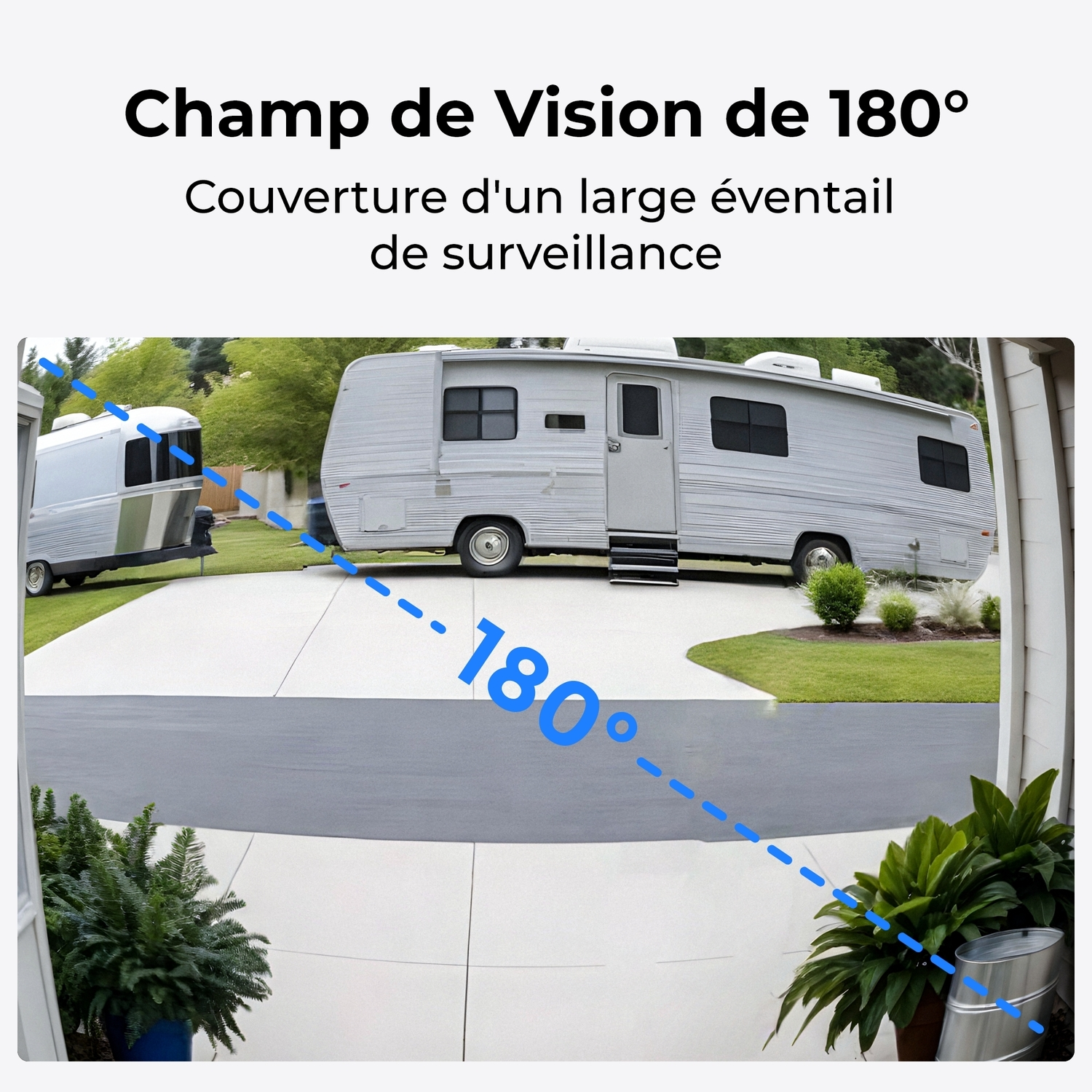 Allée avec remorque et camping-car. Plantes en pots. Lignes bleues indiquent un champ de vision à 180 degrés.