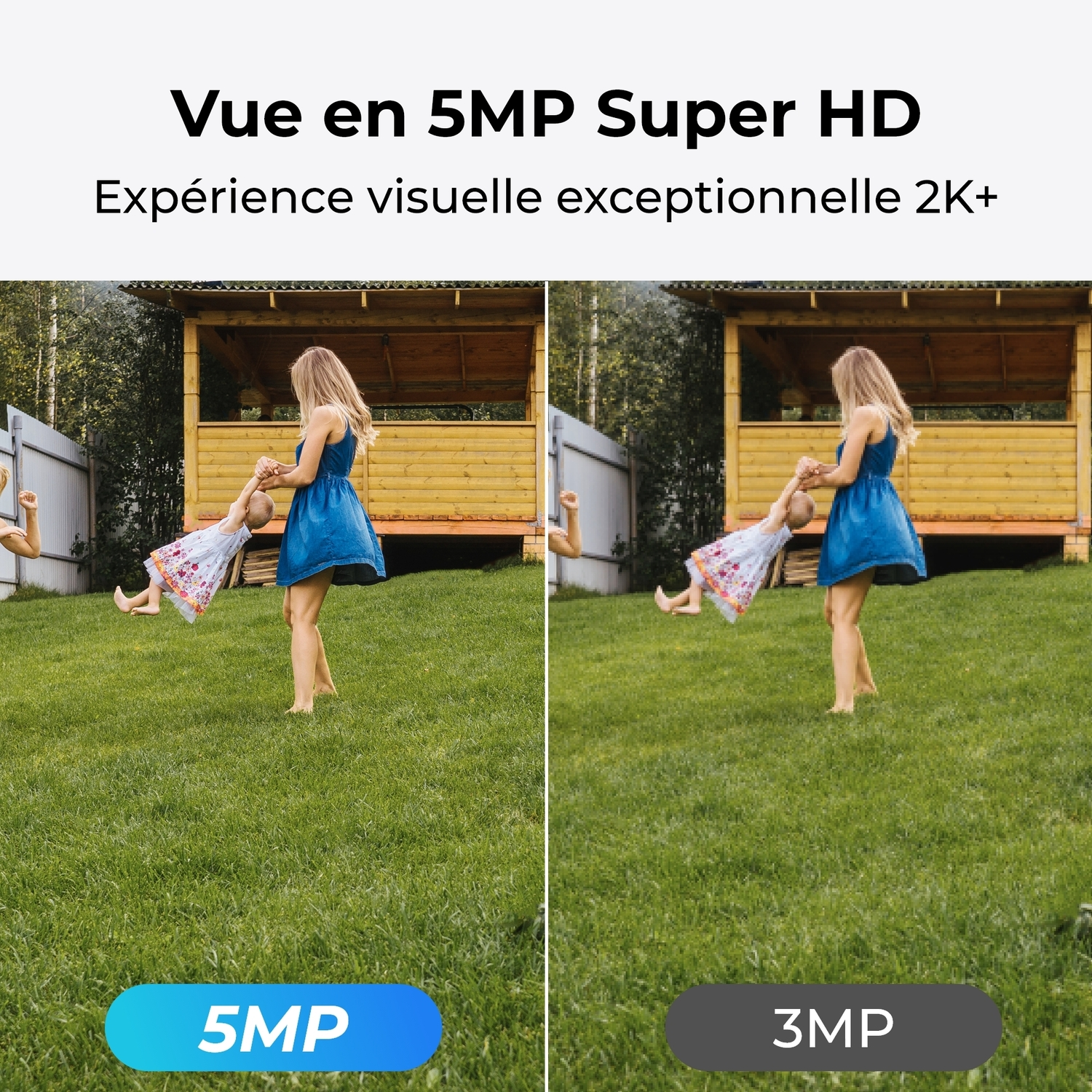 Deux images côte à côte d'une femme balançant un enfant. L'image de droite est de résolution inférieure.
