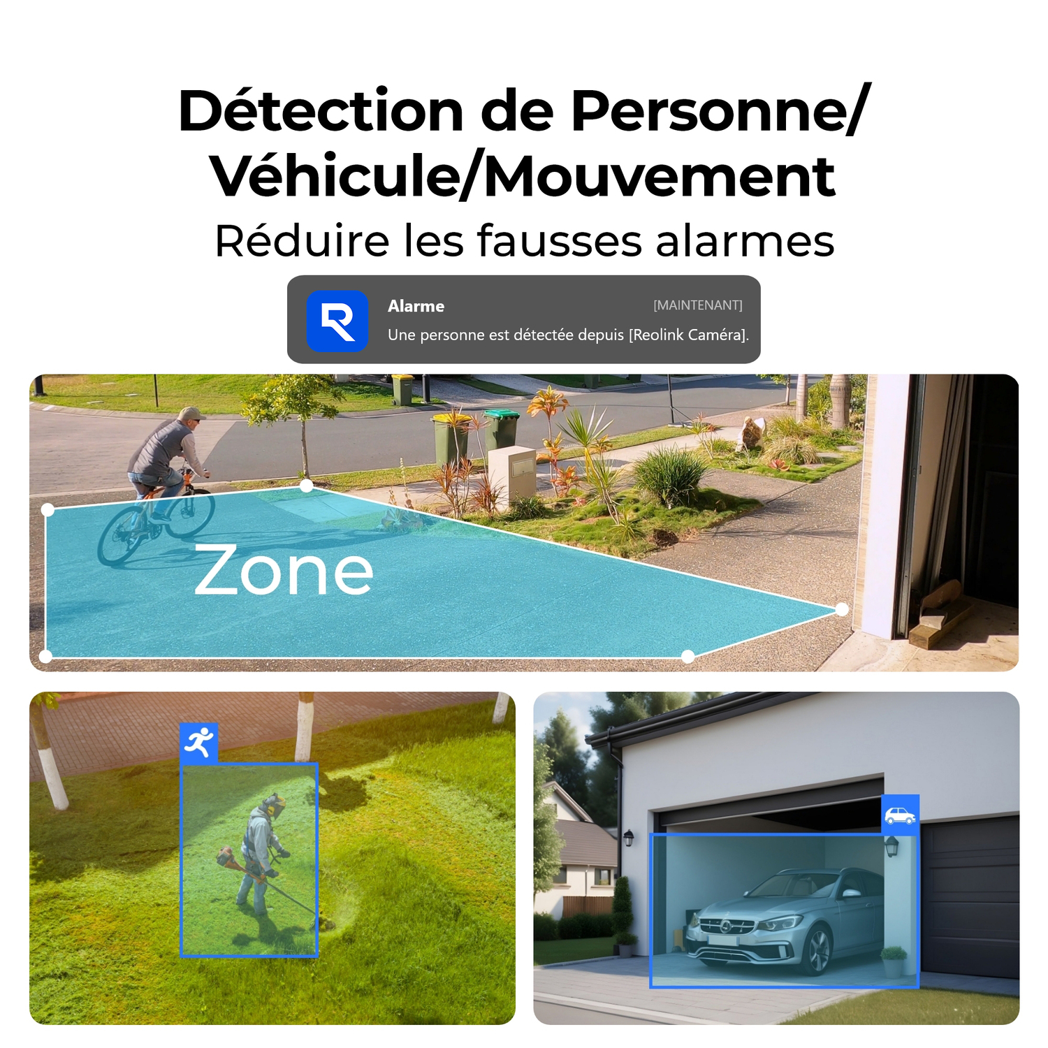 Une personne à vélo, une personne tondant la pelouse et une voiture dans un garage sont mis en évidence en bleu.