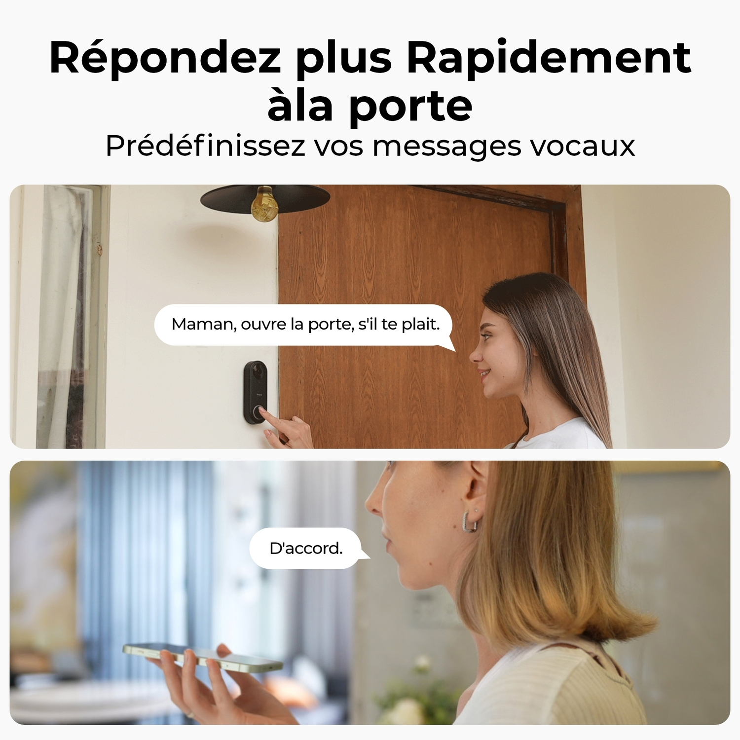 Une femme appuie sur une sonnette. Une bulle de dialogue dit : "Maman, ouvre la porte, s'il te plaît."
