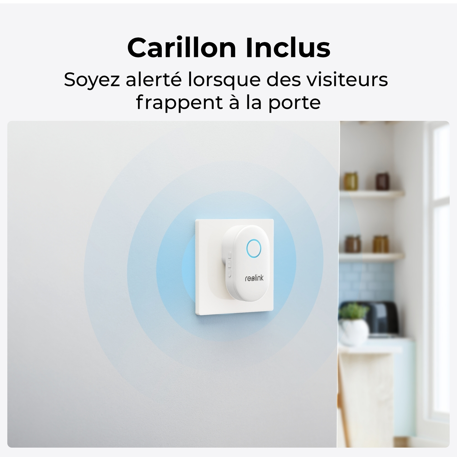 Une sonnette sur un mur. Un cercle bleu rayonne de la sonnette.