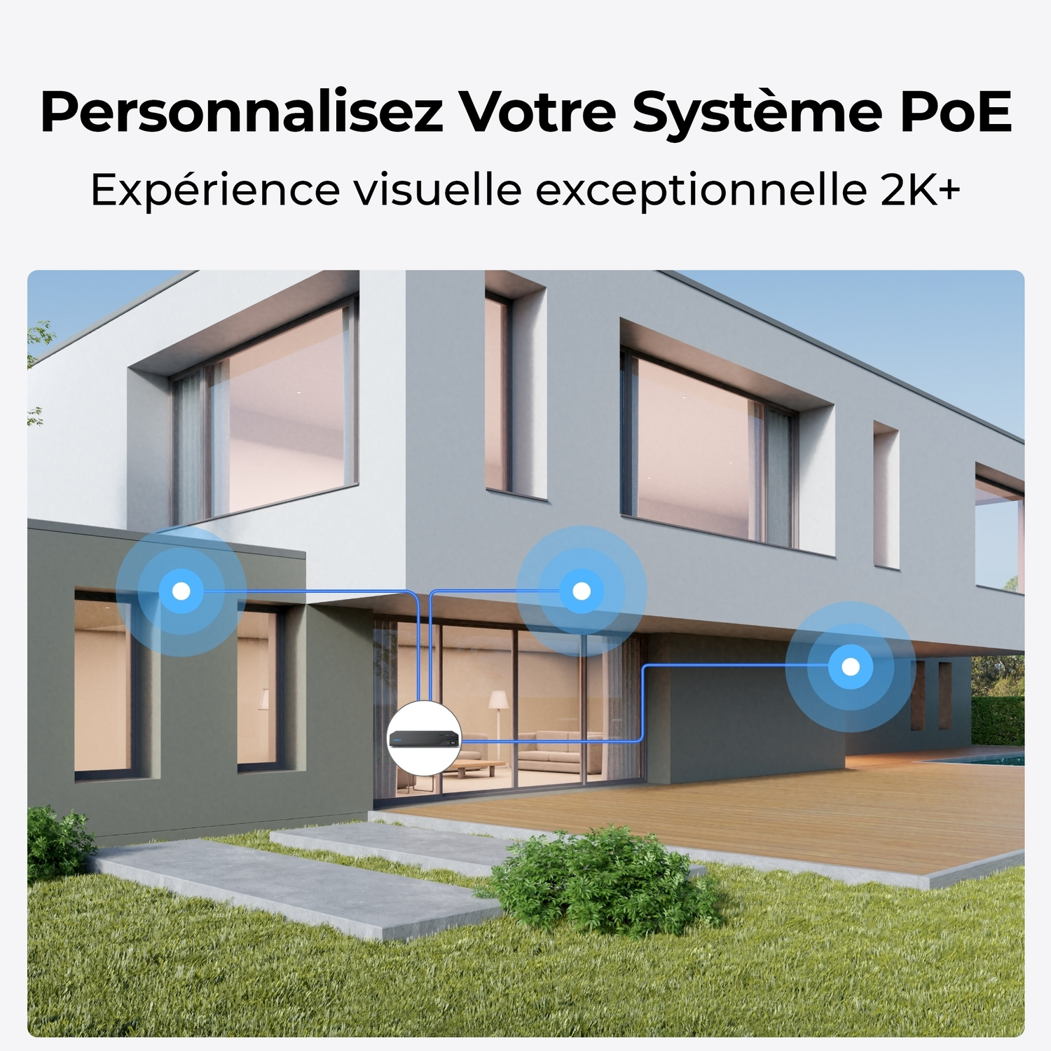 Une maison avec un schéma du système de sécurité. Des cercles bleus montrent la portée du système. Un câble est connecté à la maison.