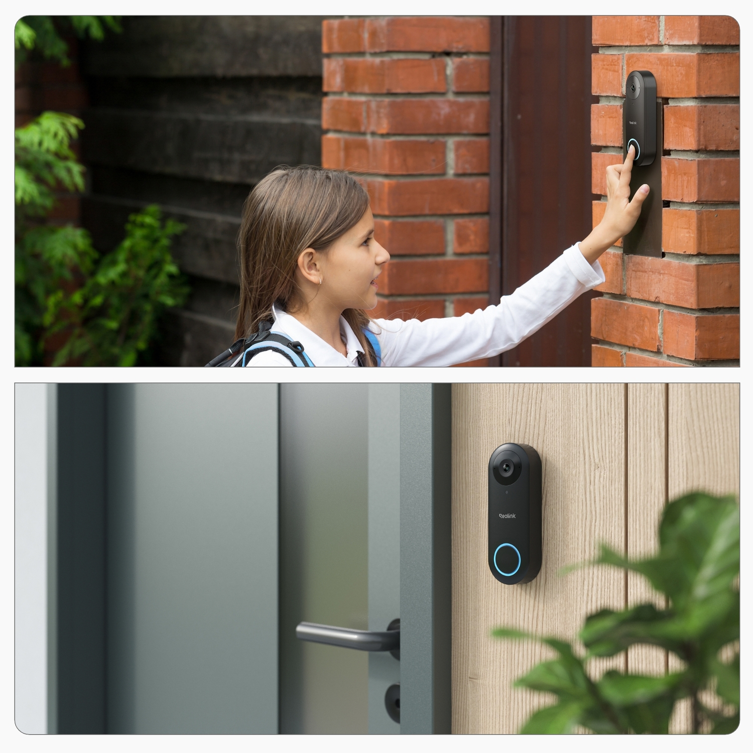 A girl is touching a doorbell on a brick wall. Another image shows the doorbell on a wooden wall.