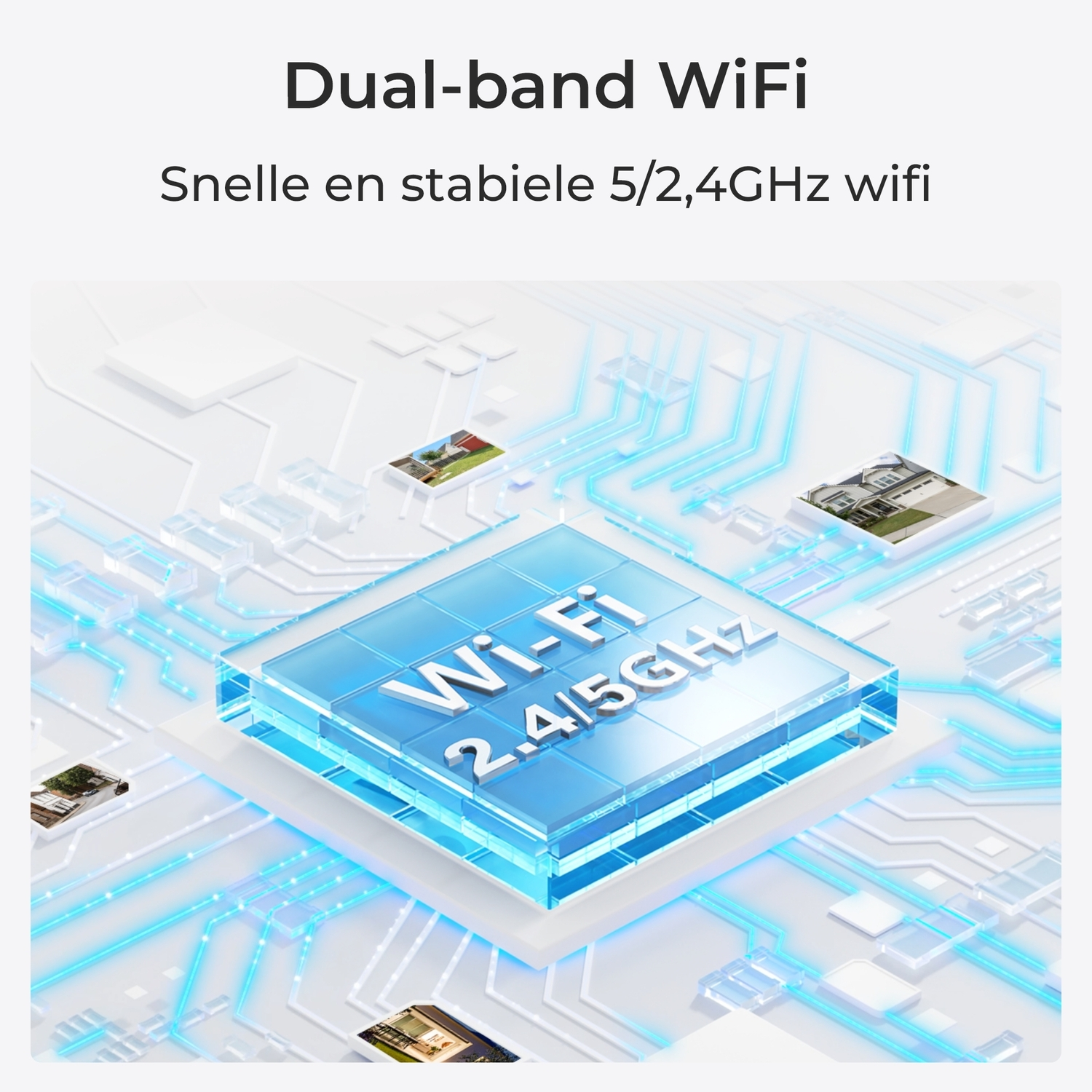 Afbeelding toont een Wi-Fi-icoon met huizen eromheen. Tekst vermeldt snelle en stabiele 5/2,4 GHz wifi.