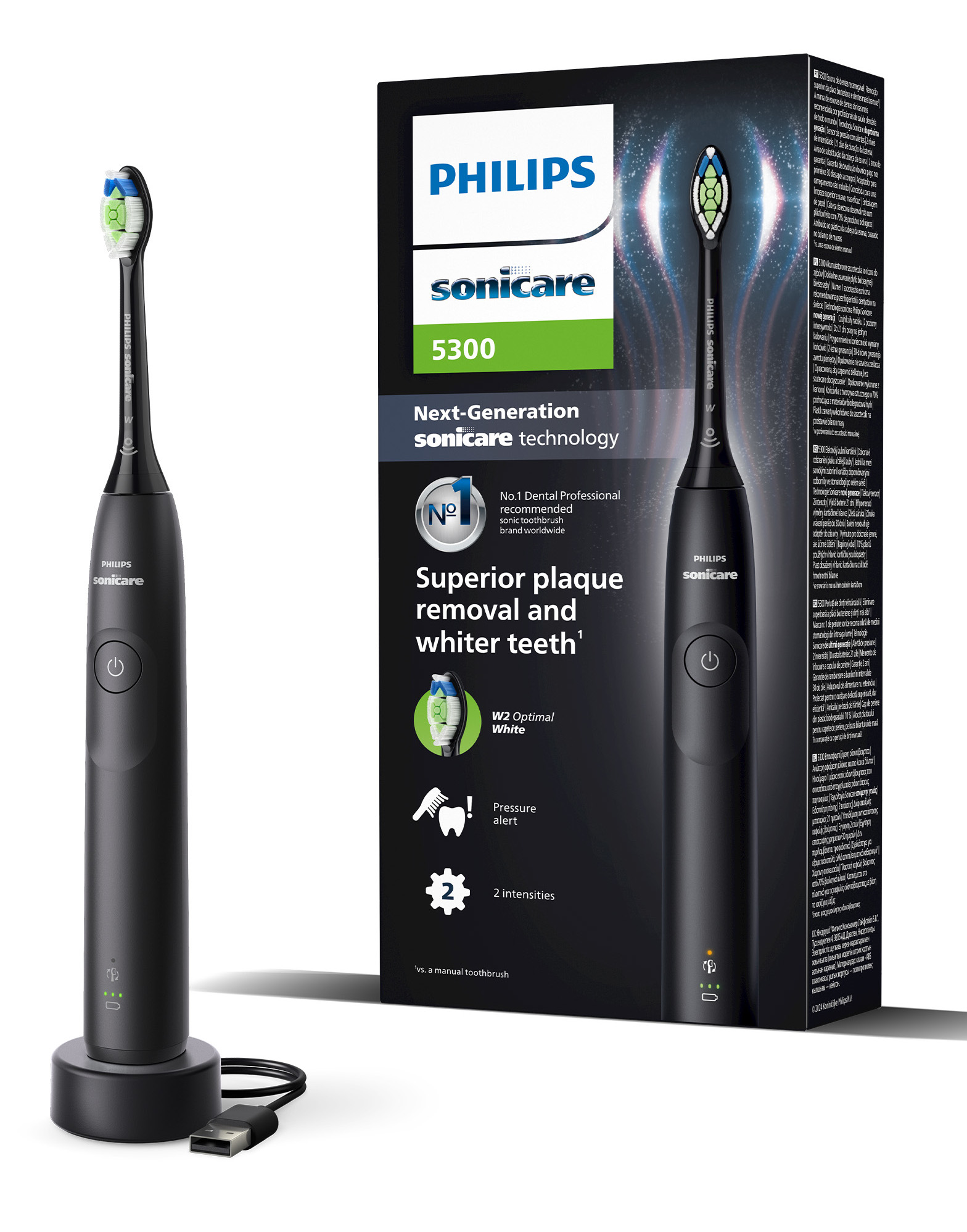Elektryczna szczoteczka Philips Sonicare i pudełko, pokazujące produkt i jego funkcje.