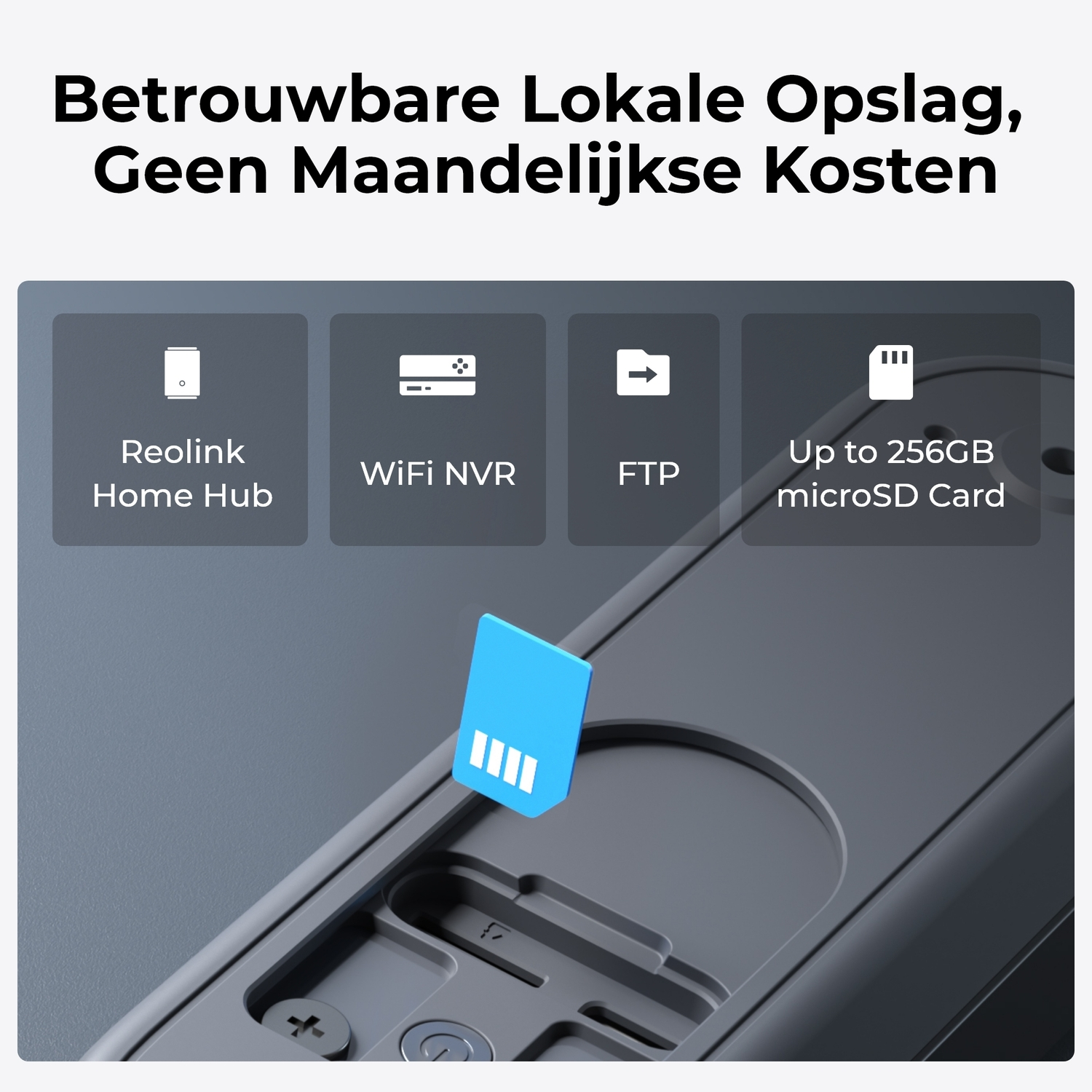 Afbeelding toont een micro SD-kaart die in de deurbel is geplaatst. De achtergrond is een grijs oppervlak met iconen.
