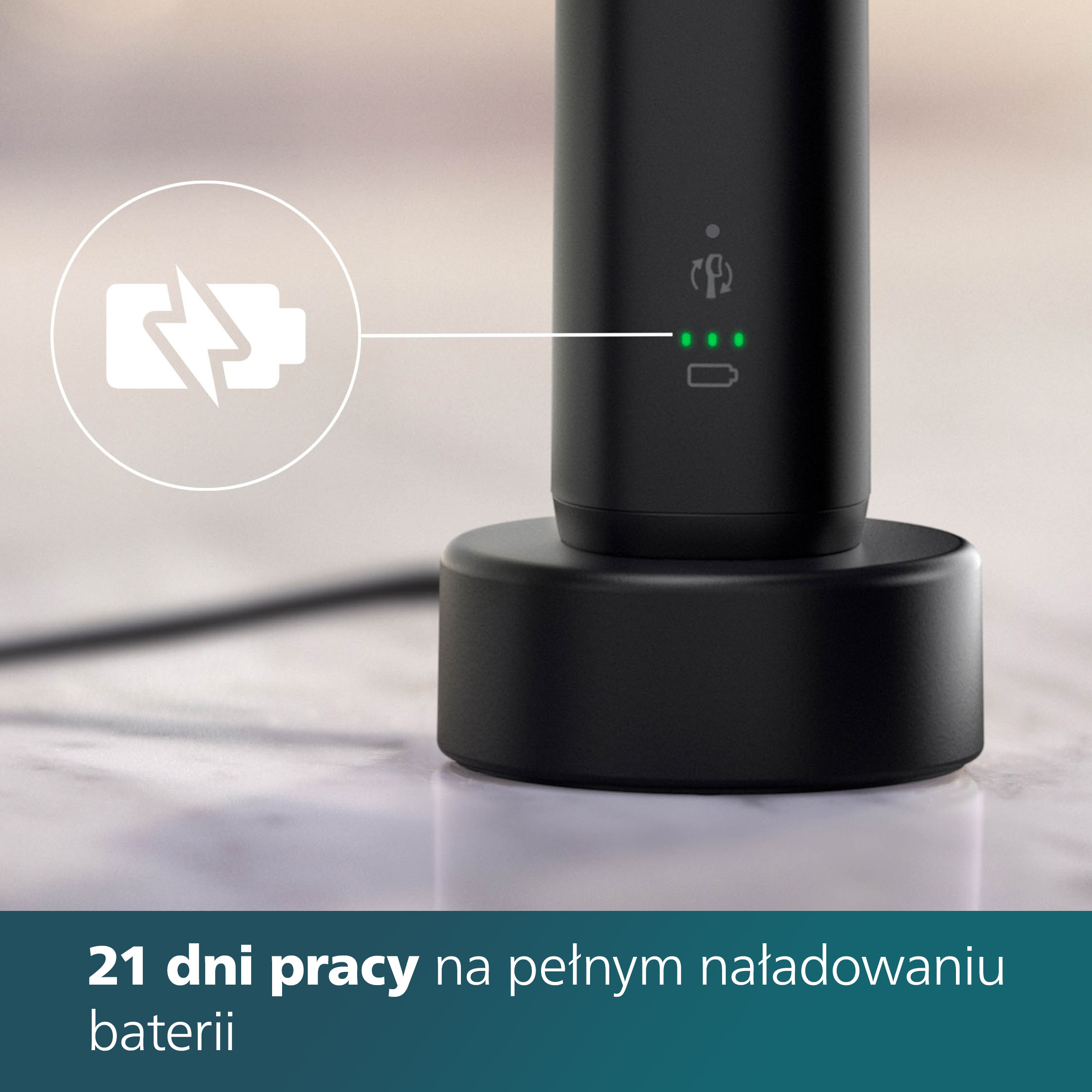 Czarna elektryczna szczoteczka do zębów ładująca się na podstawie. Widoczne wskaźniki baterii.