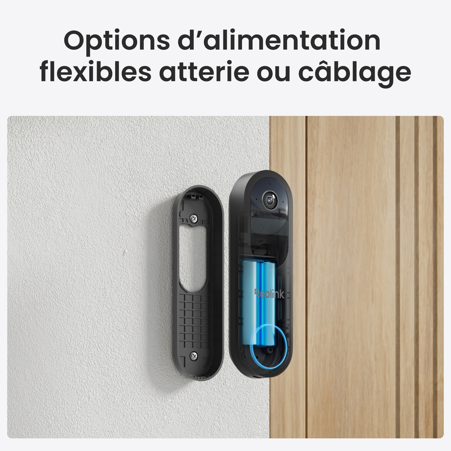 Sonnette avec batterie, séparée de son boîtier. Le boîtier est sur un mur. Texte : Options d'alimentation flexibles.