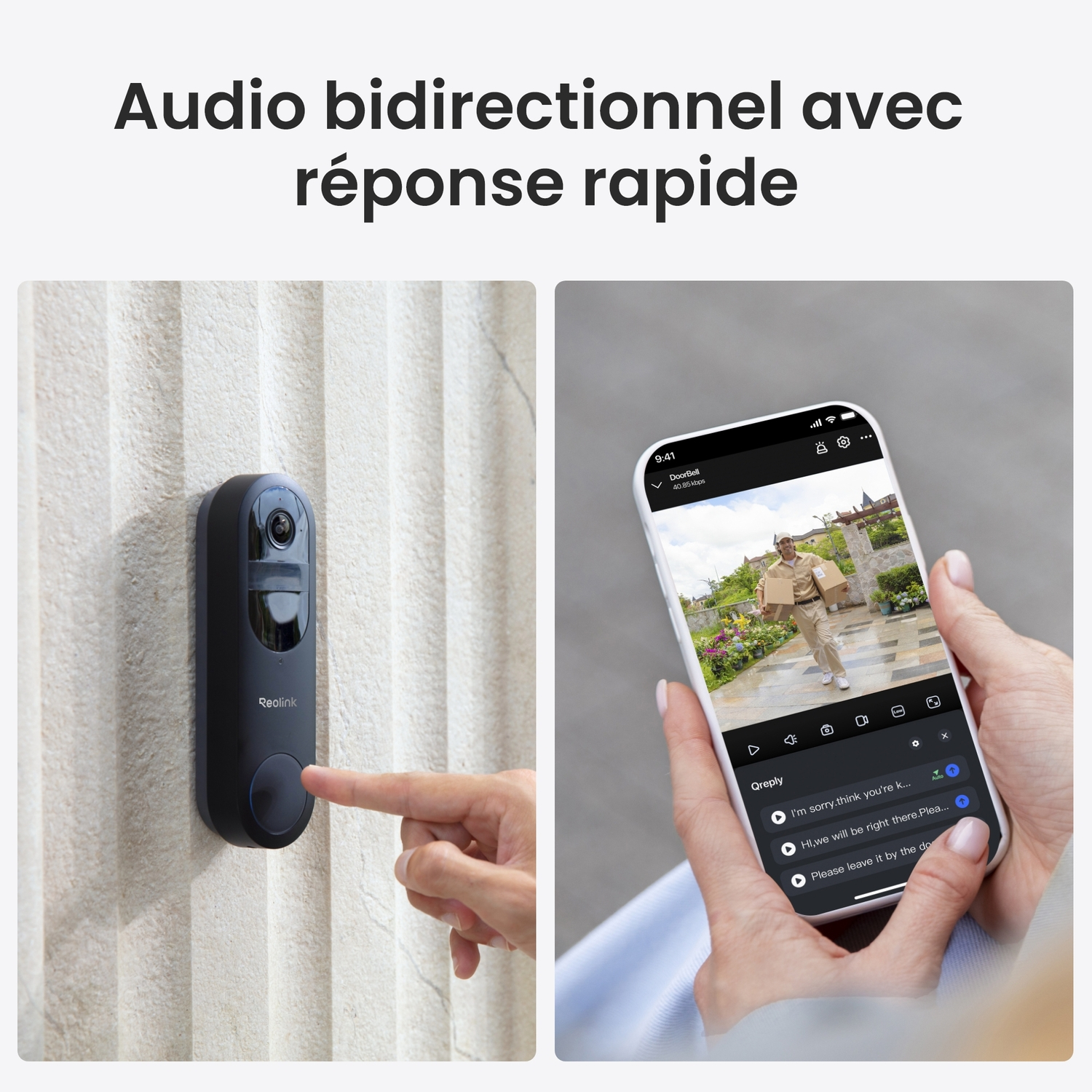 Deux images : sonnette sur un mur et personne utilisant un smartphone. Texte : Audio bidirectionnel avec réponse rapide.