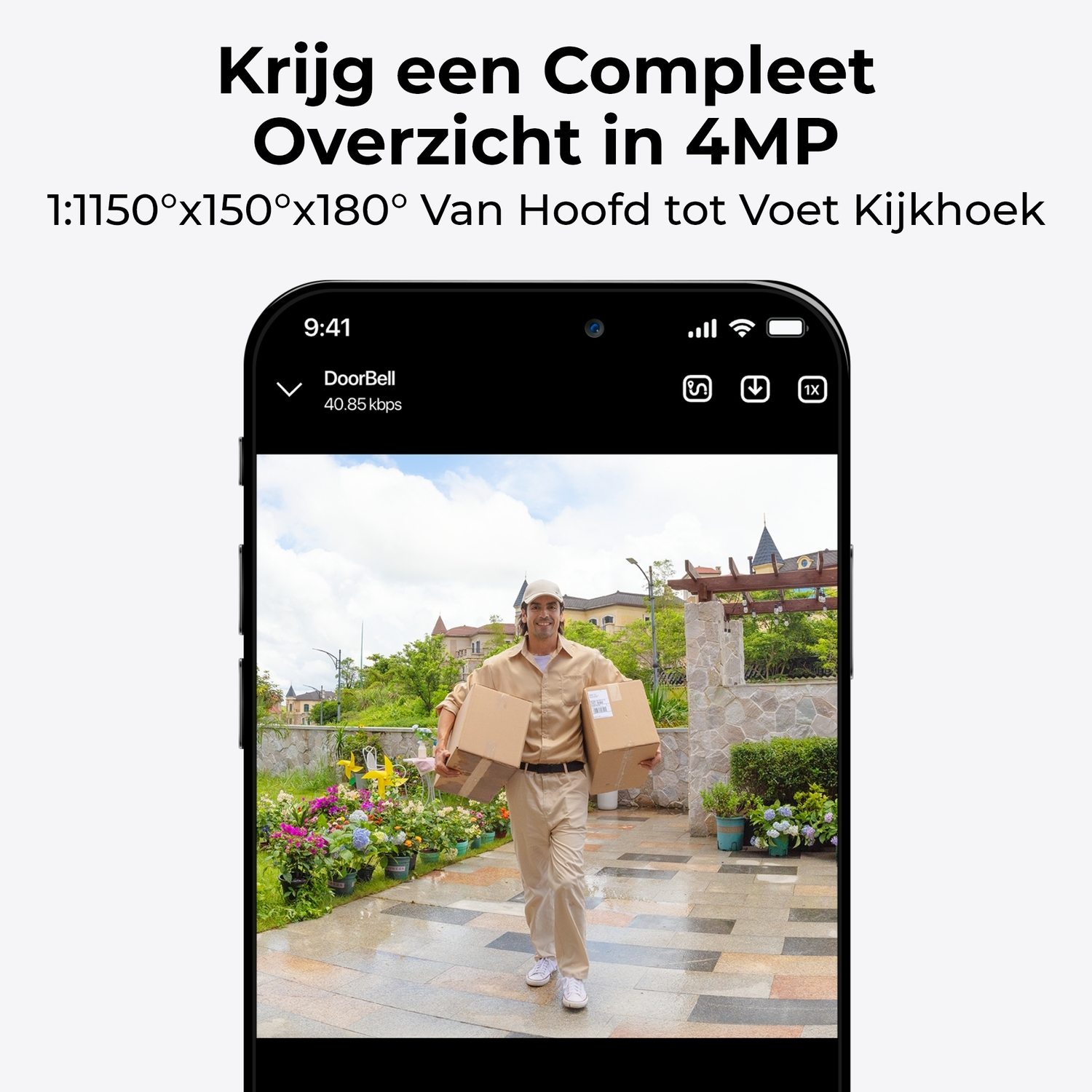 A smartphone screen displays a delivery person with boxes, captured by a doorbell camera, showing a full view.