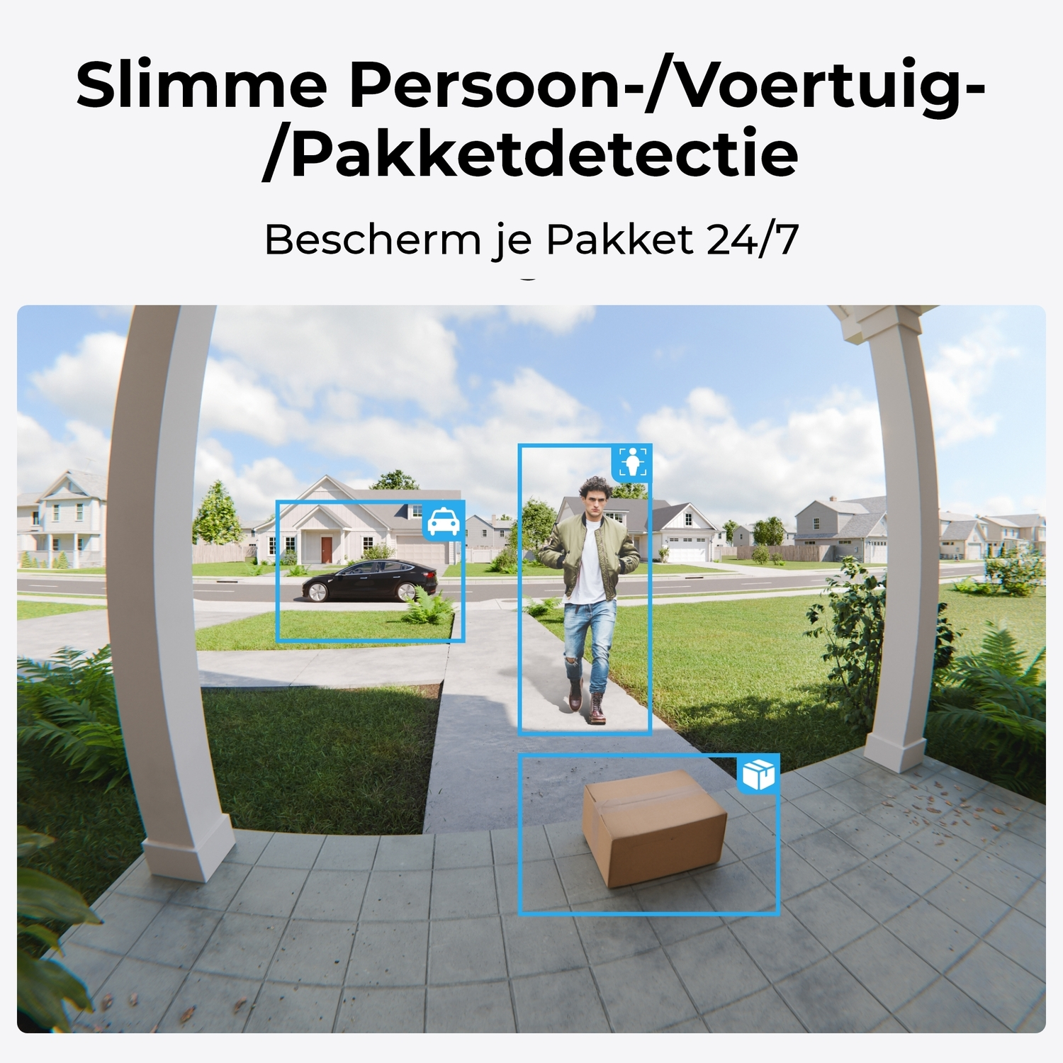 Doorbell camera view of a front yard with a person, car, and a package boxed. Text: Smart person/vehicle/parcel detection.