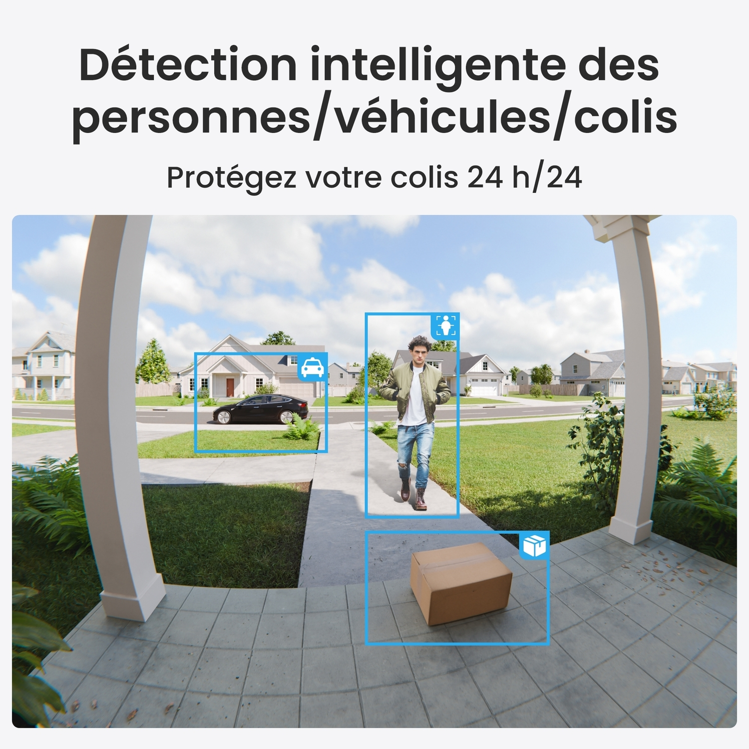 Vue d'une caméra de sécurité d'une cour avant. Texte: Détection intelligente des personnes/véhicules/colis.
