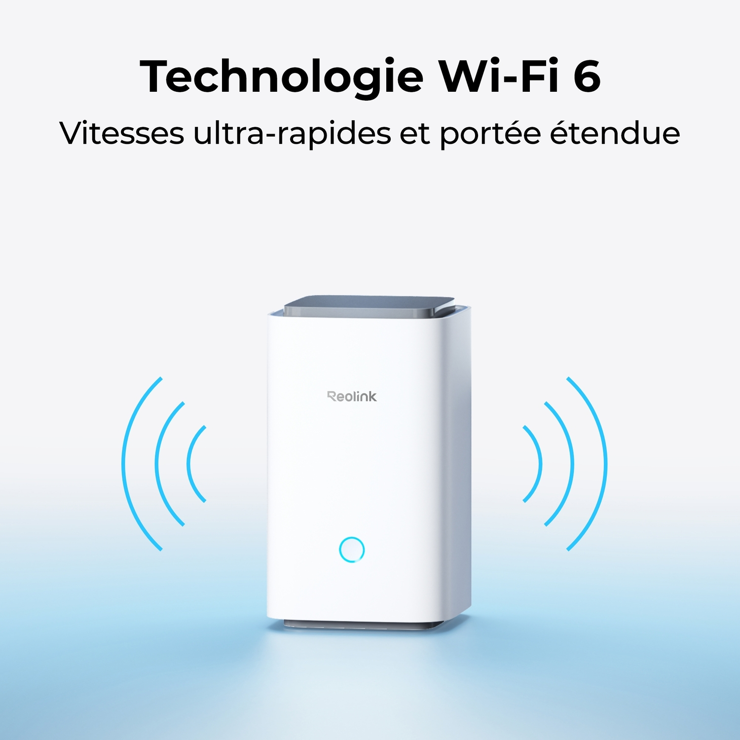 Boîtier de sécurité blanc avec logo Reolink, deux icônes Wi-Fi bleues. Texte: Technologie Wi-Fi 6.