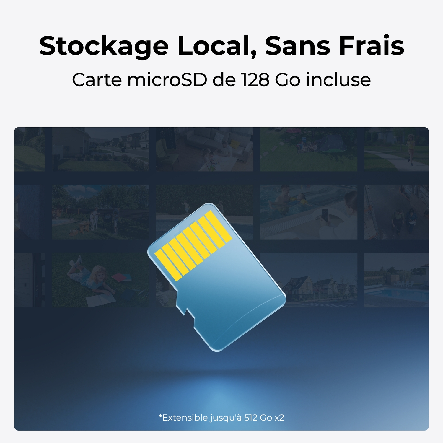 Carte MicroSD bleue avec contacts jaunes. Image: Plusieurs vues miniatures. Texte: Stockage local, sans frais.