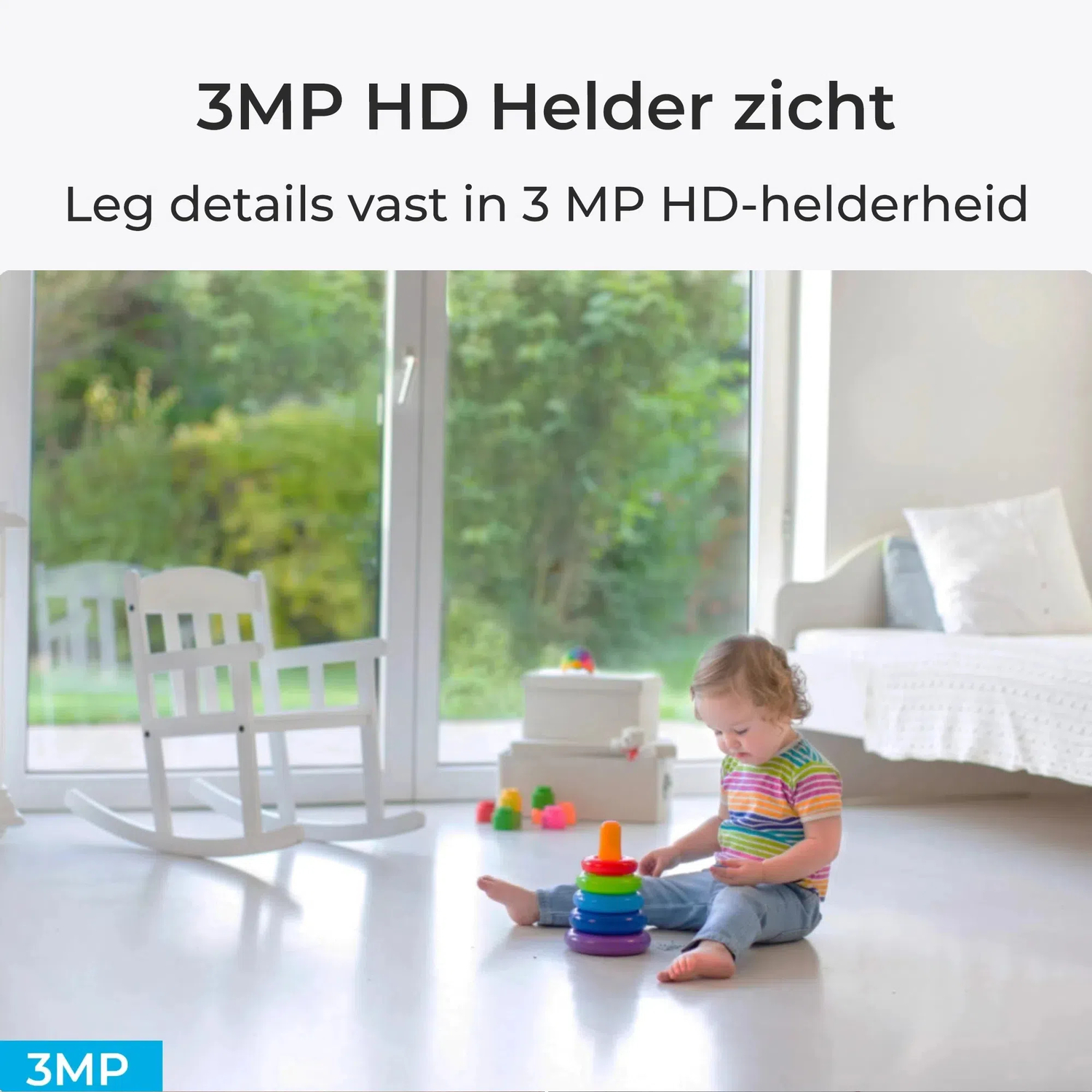 A child playing with toys in a bright room. Text: 3MP HD Clear view.