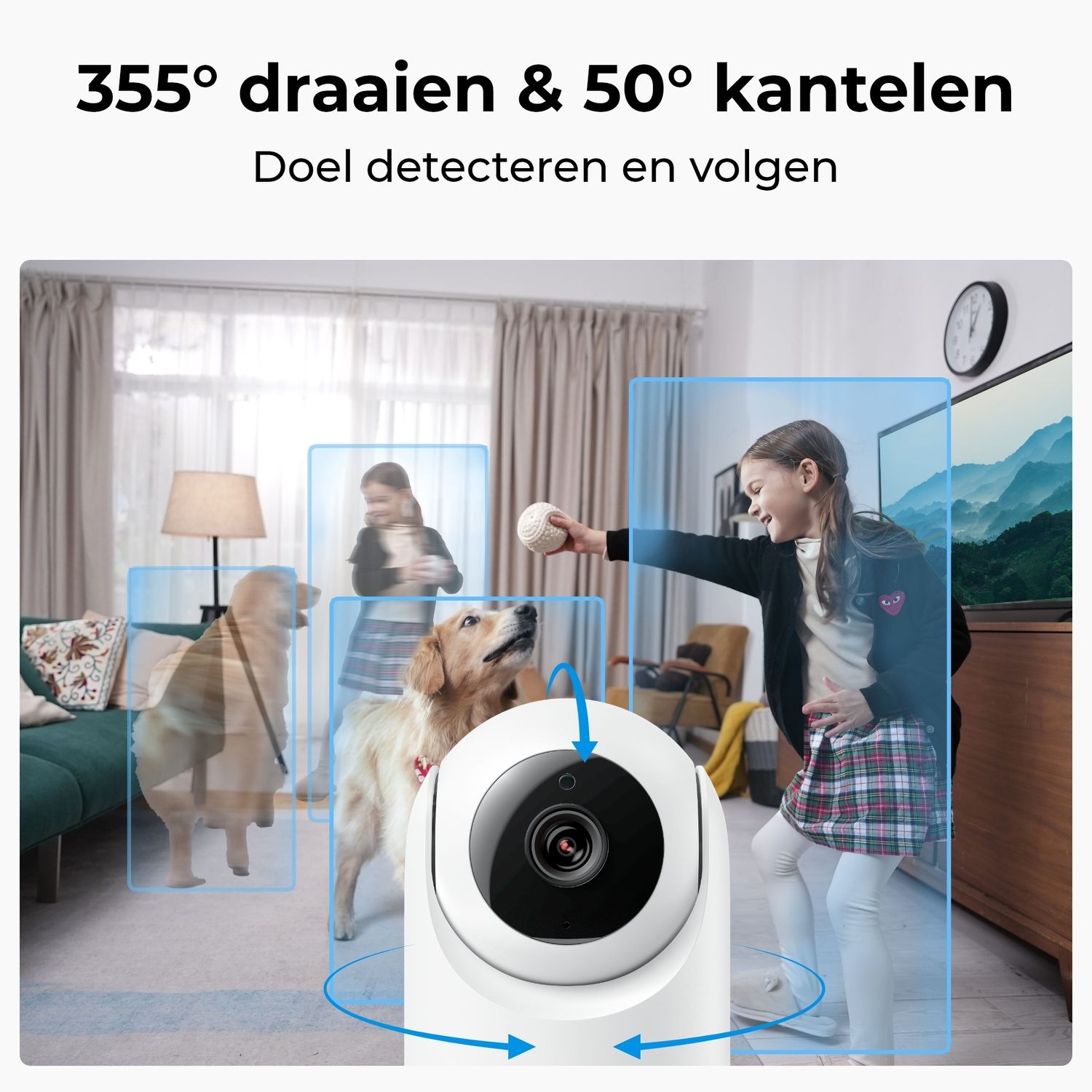 A girl plays with a dog. A security camera is in front.