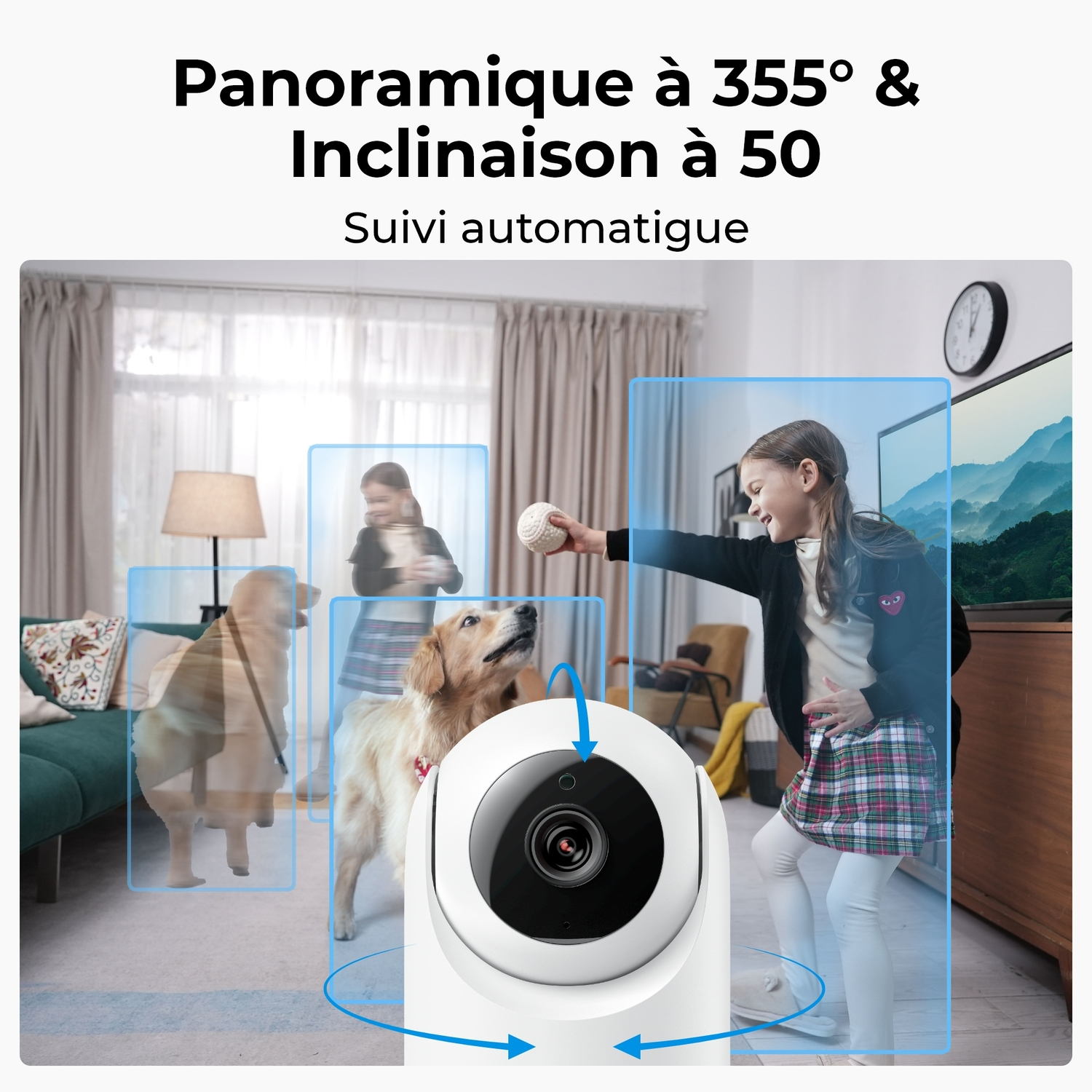 Une fille joue avec un chien. Une caméra de sécurité est devant.