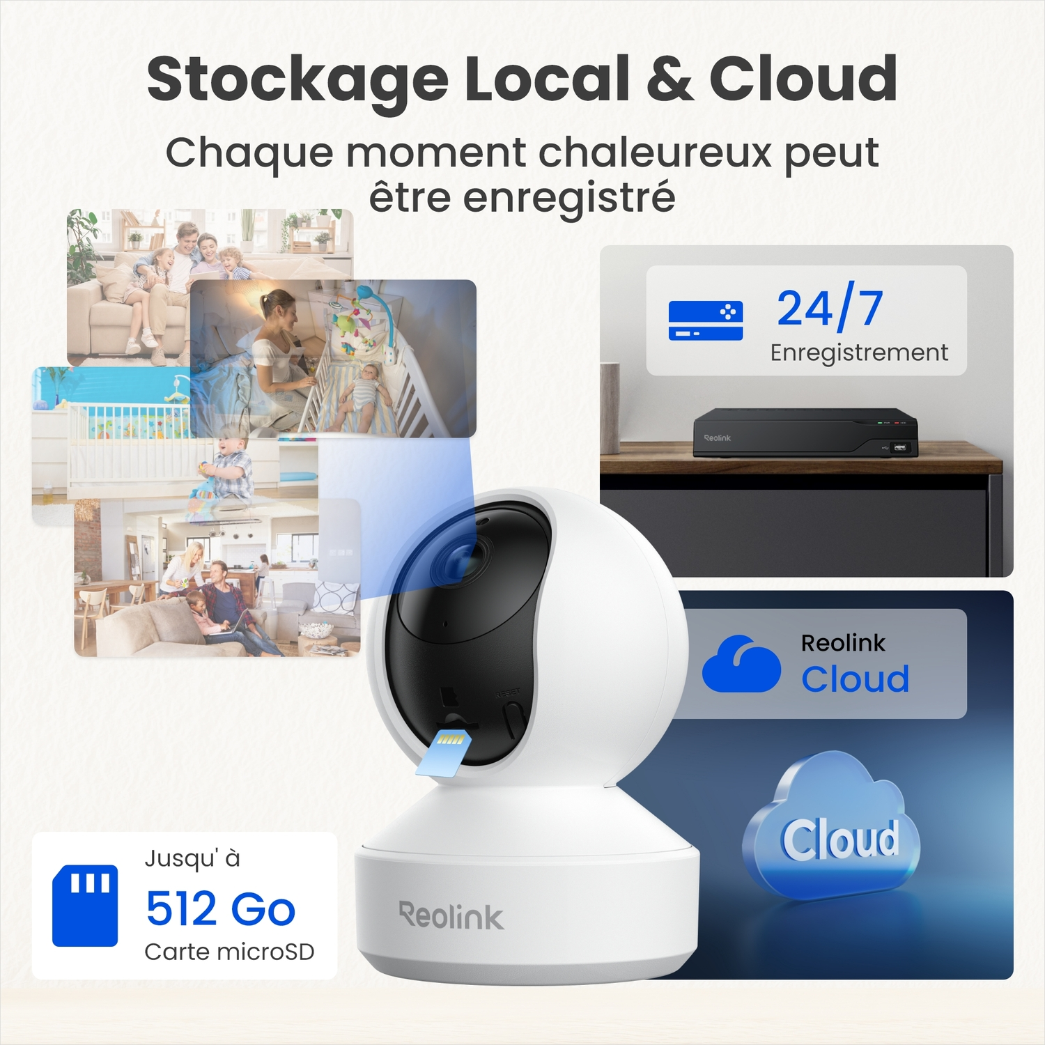 Une caméra de sécurité blanche avec fente pour carte microSD. Plusieurs images montrant ses fonctionnalités et le stockage cloud.