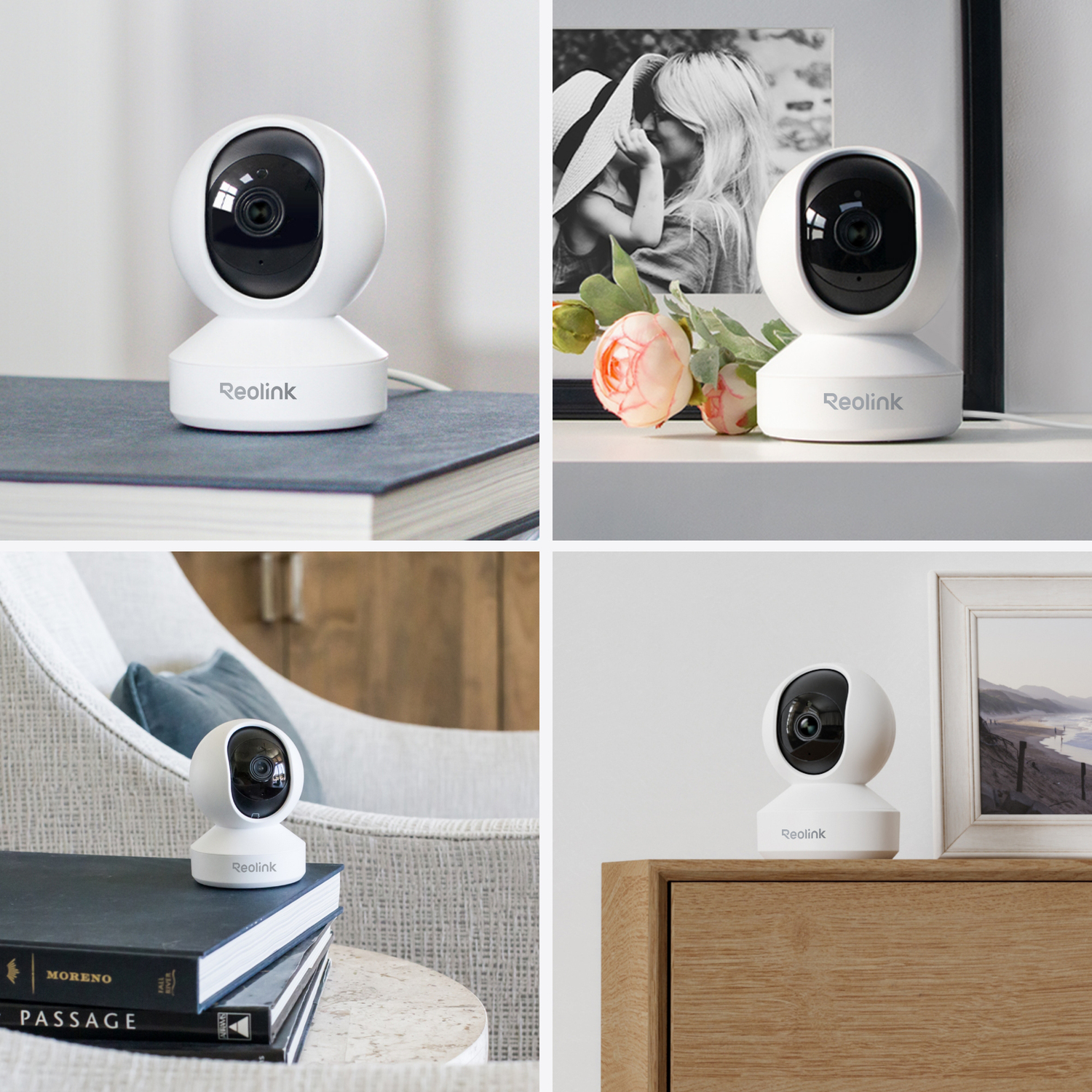 Multiple images of a white security camera in different settings, demonstrating its design.