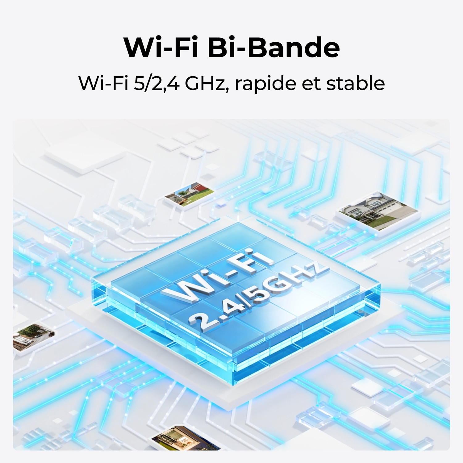 Graphique Wi-Fi avec des maisons. Icône Wi-Fi bleue et blanche au centre.
