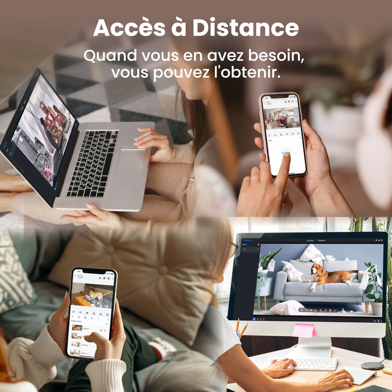 Personne utilisant un ordinateur portable, un téléphone et un ordinateur pour voir le flux de la caméra à distance.