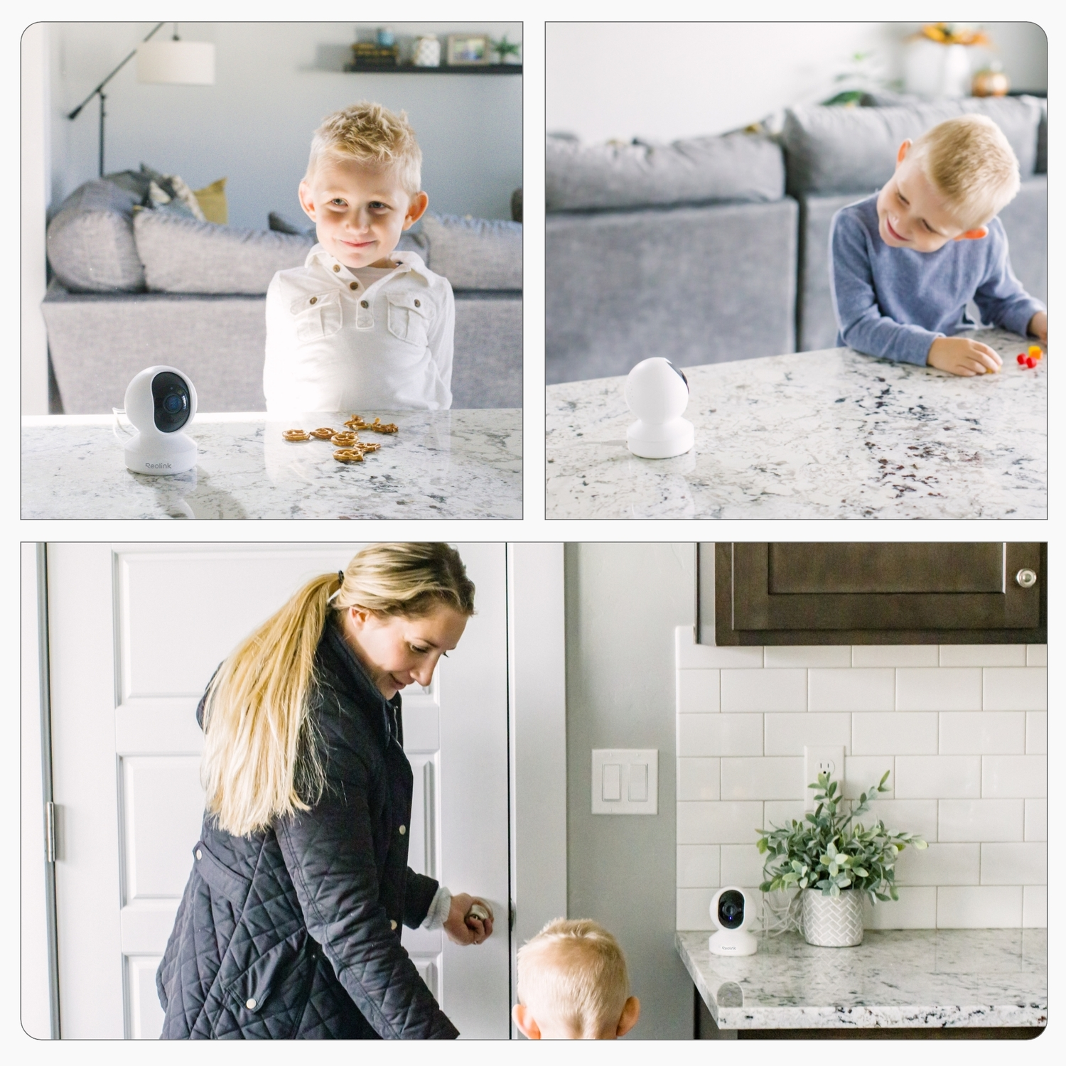 Camera on table and door. Woman unlocking door. Boys with snacks.