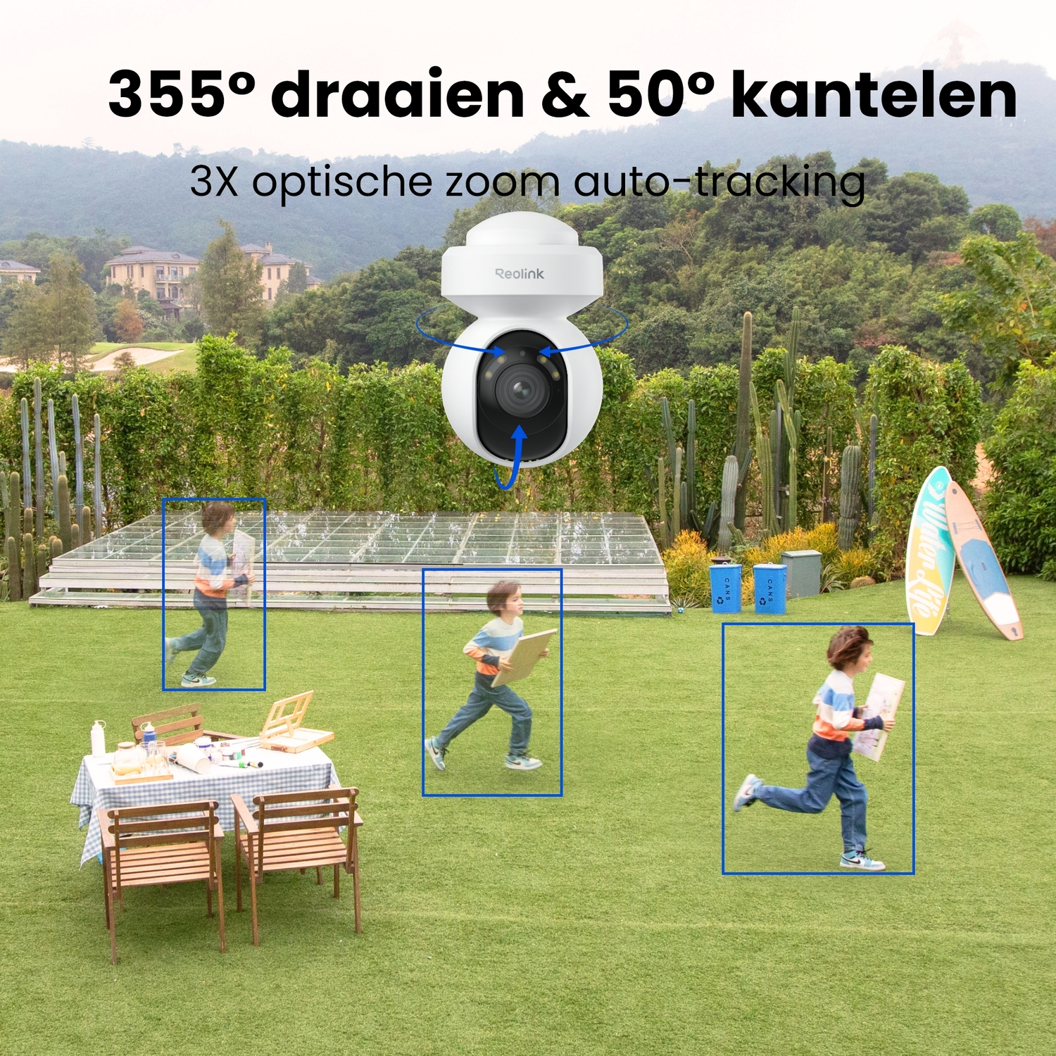 Camera tracking children. Children running on grass. Surfboards in the background.