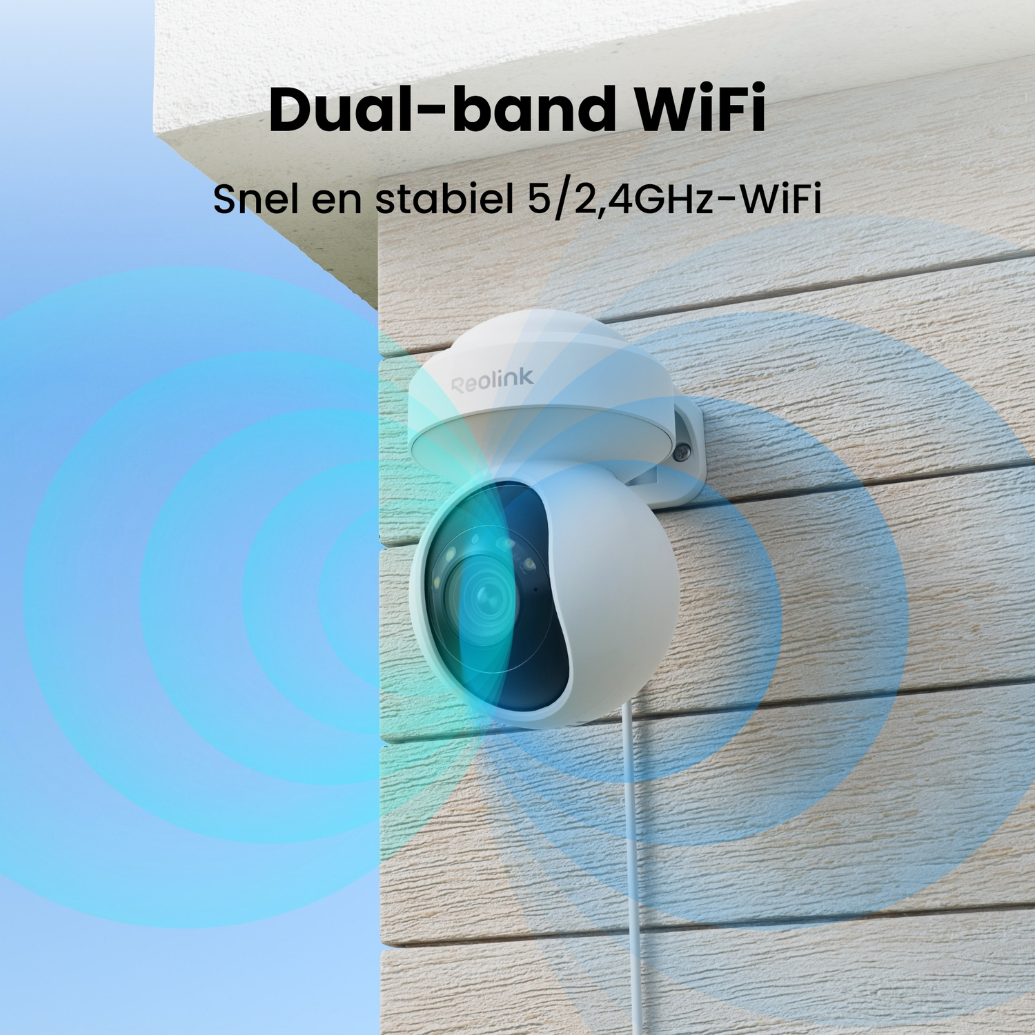A white security camera on a wall, with blue wave-like graphics around it, and text about dual-band WiFi.
