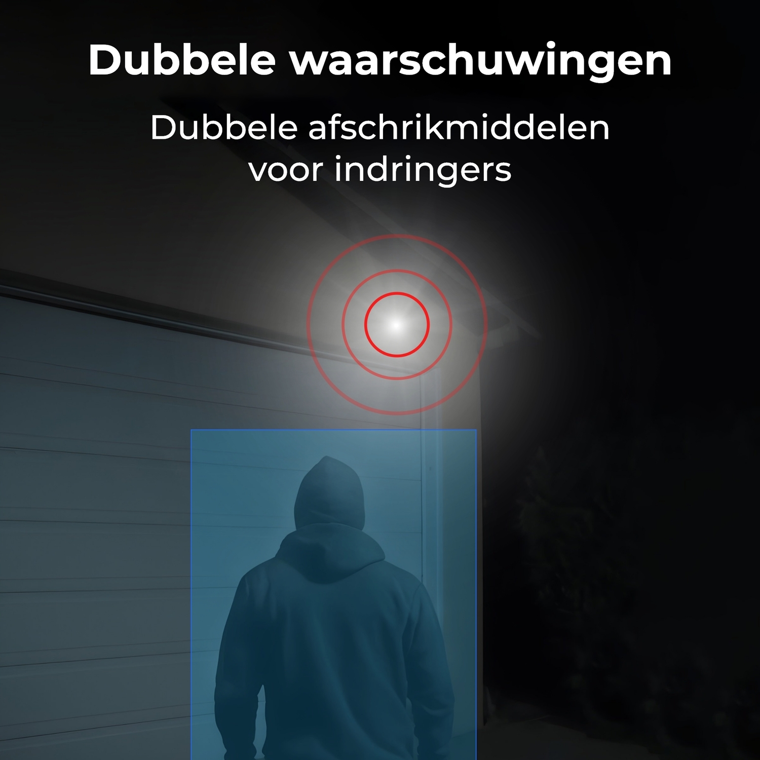 A hooded figure in front of a garage with a spotlight, with red circles. Text about dual warnings.