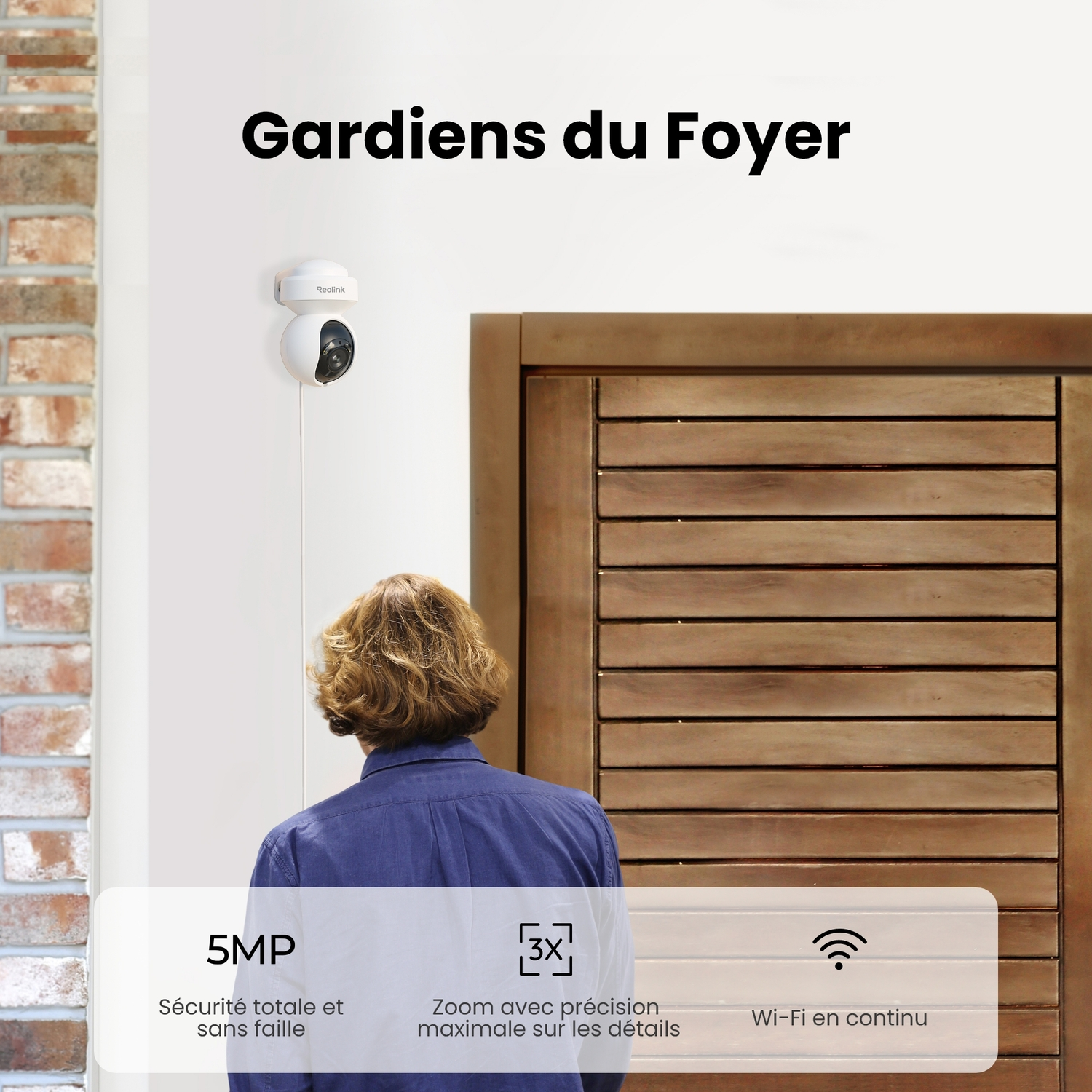 Une caméra de sécurité sur un mur, avec une personne et du texte sur la sécurité, le zoom et le Wi-Fi.