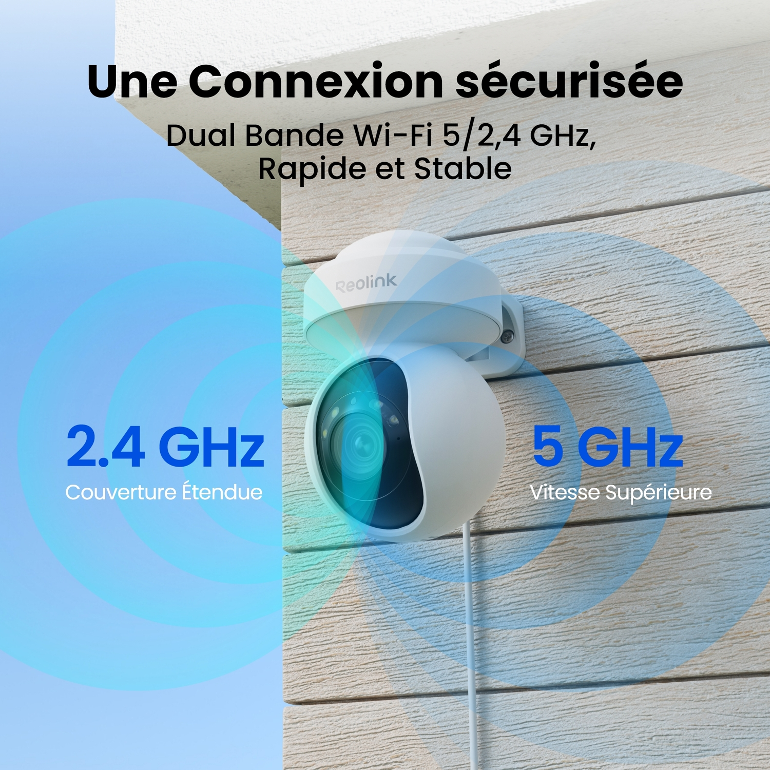 Une caméra de sécurité sur un mur, avec des graphiques Wi-Fi en forme de vagues bleues et vertes, texte 2,4 GHz et 5 GHz.