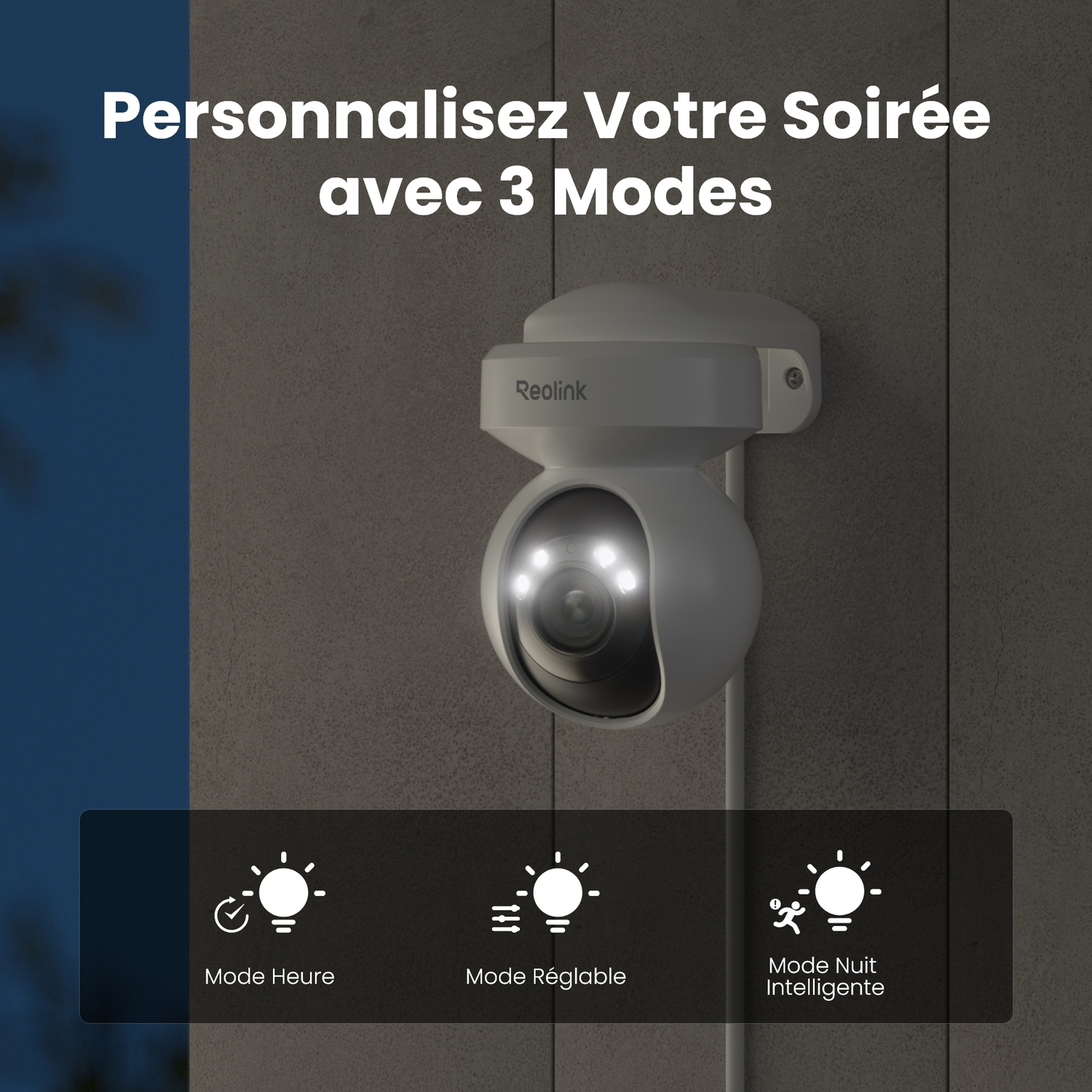 Une caméra de sécurité sur un mur, avec trois modes d'éclairage: temps, réglable et mode nuit intelligent.