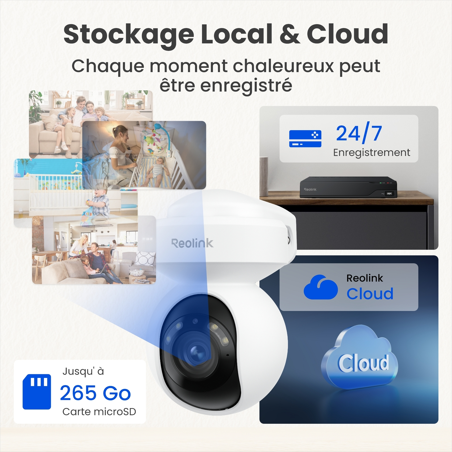 Une caméra de sécurité avec des images de famille, une carte micro SD et du texte sur le stockage local et cloud.