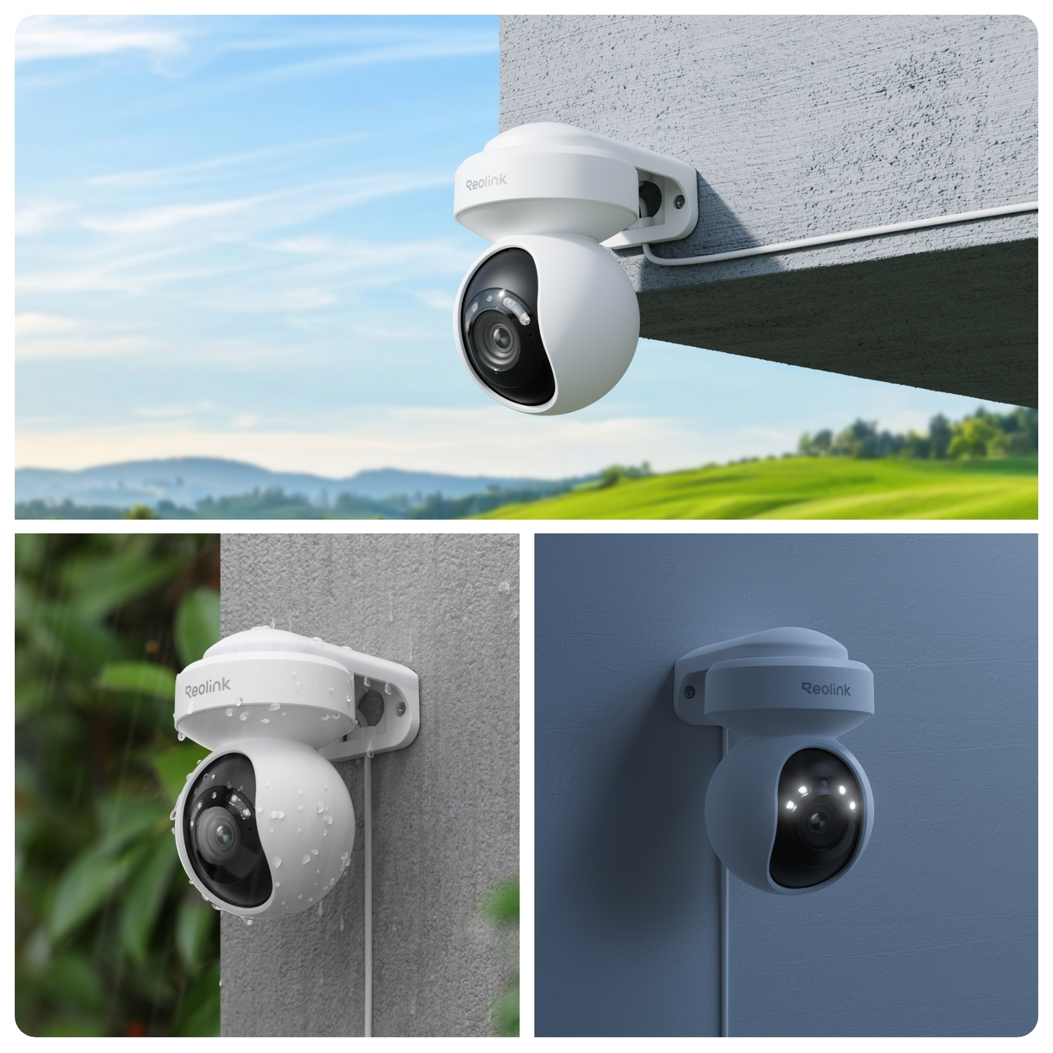 A security camera on a wall, with three different scenes: daytime, rain, and night.