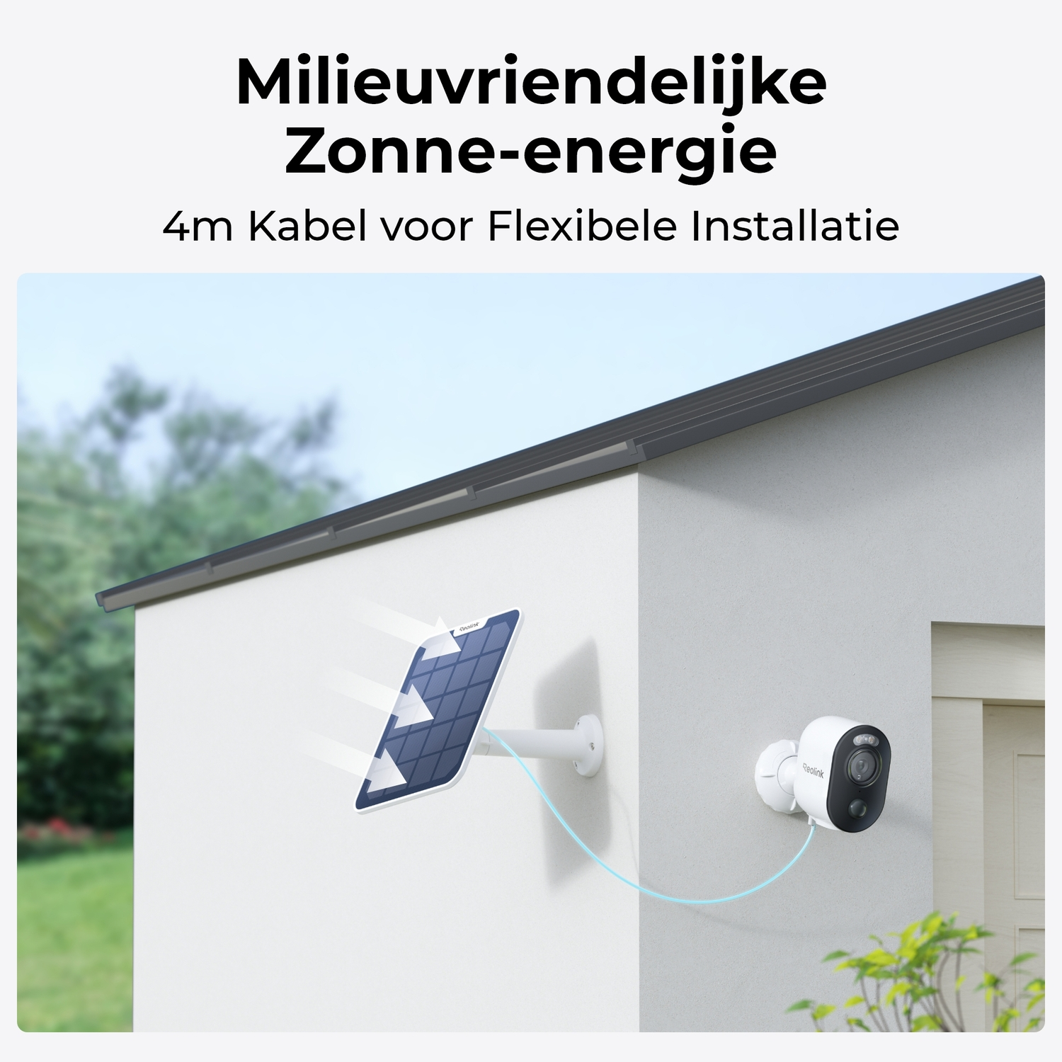 A security camera with a solar panel. The camera is mounted on a white wall, and the panel is on the roof.