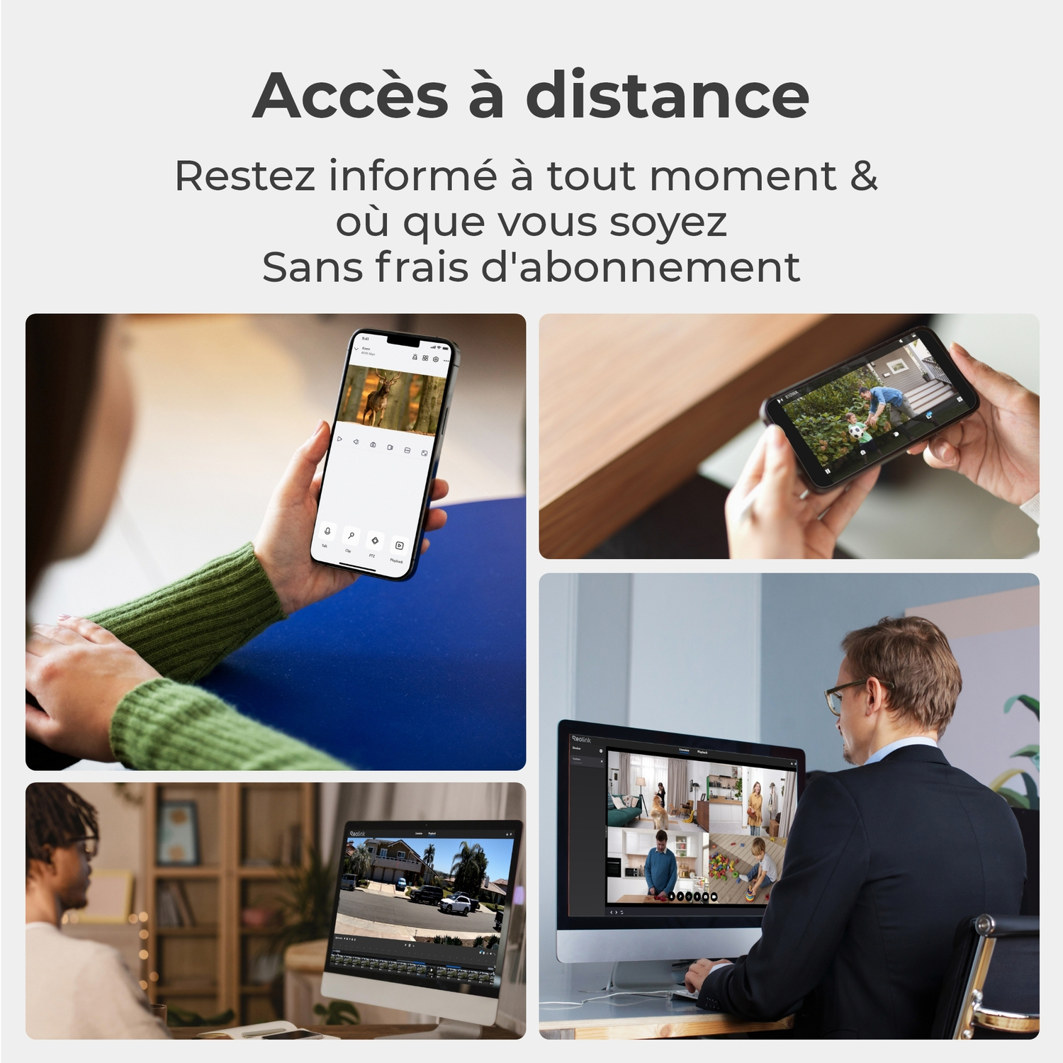 Plusieurs écrans affichant des flux de caméras de sécurité. Les gens utilisent leurs téléphones, leurs ordinateurs et un moniteur.