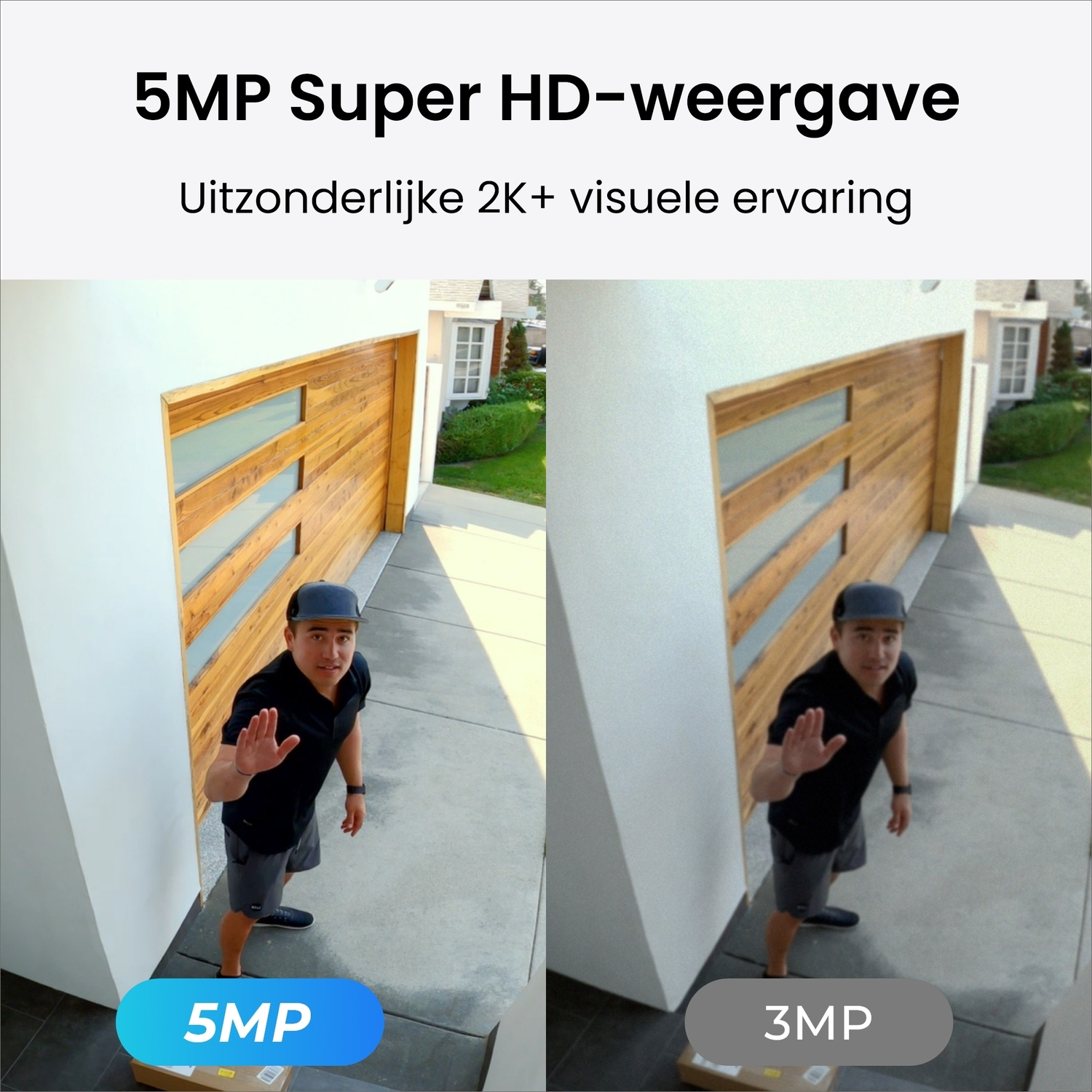 Two side-by-side images. A man waves from a driveway. The 5MP image is brighter than the 3MP image.